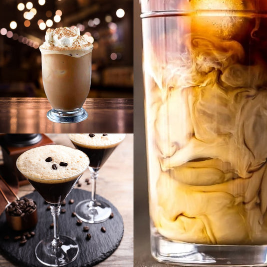 Three coffee drinks are displayed: a frothy iced coffee topped with whipped cream in a glass, two espresso martinis with coffee beans on a slate, and a close-up of swirling cream in a glass of iced coffee.