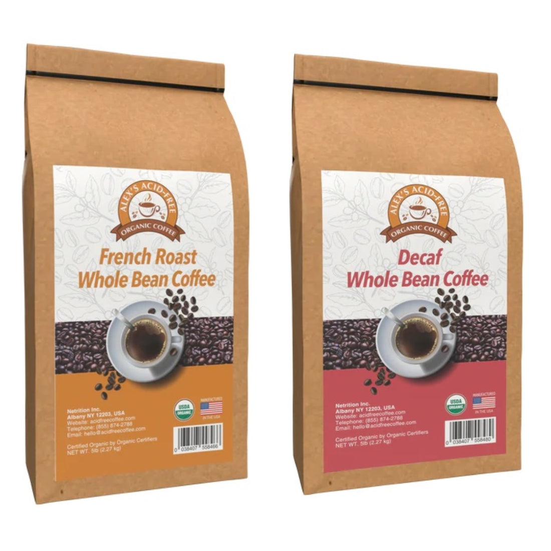 Two brown paper bags of whole bean coffee are displayed side by side, labeled "French Roast" and "Decaf," each featuring a coffee cup and beans on the packaging.