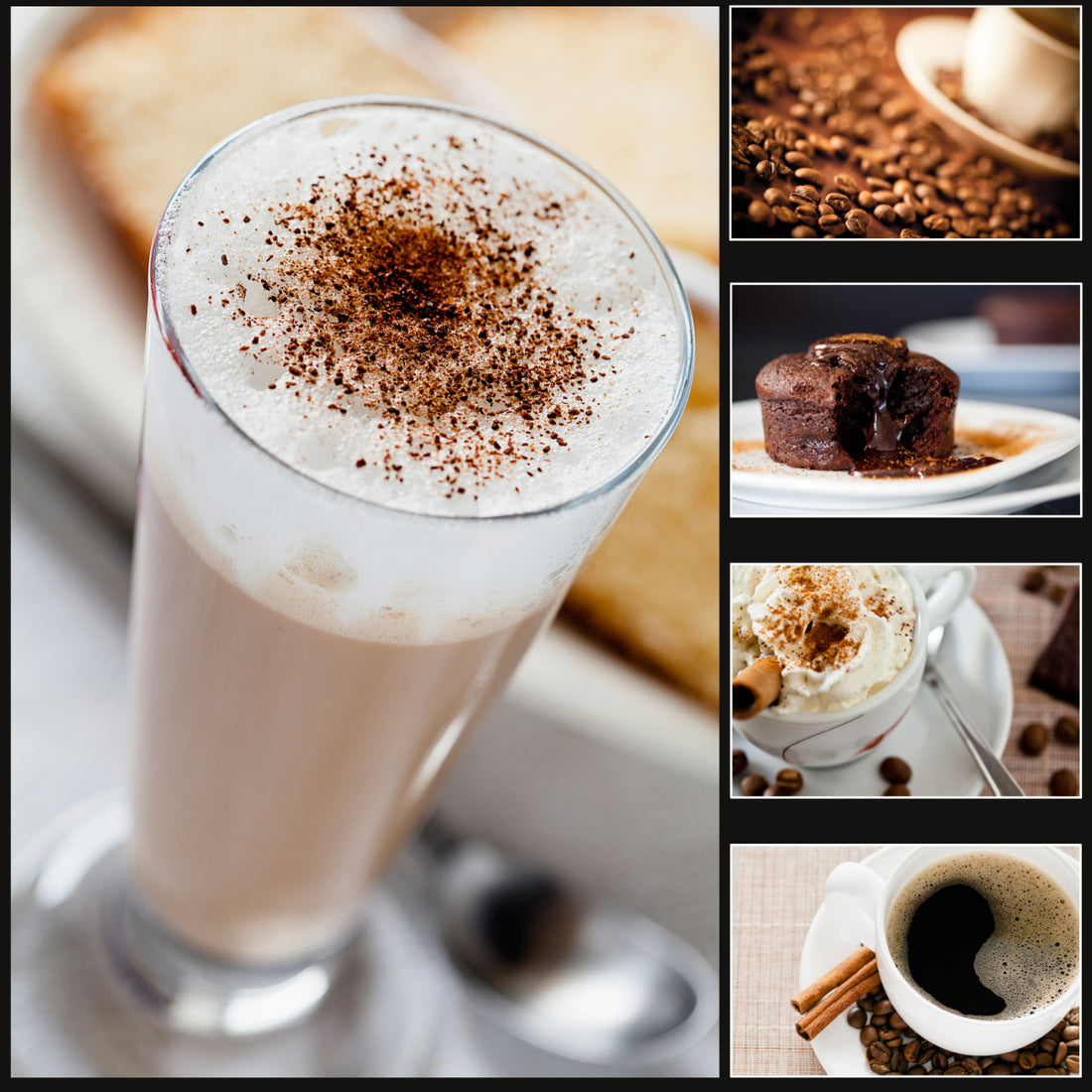 A tall glass of frothy coffee topped with cocoa powder is featured prominently, accompanied by images of coffee beans, a chocolate lava cake, a dessert with whipped cream, and a cup of black coffee with cinnamon sticks.