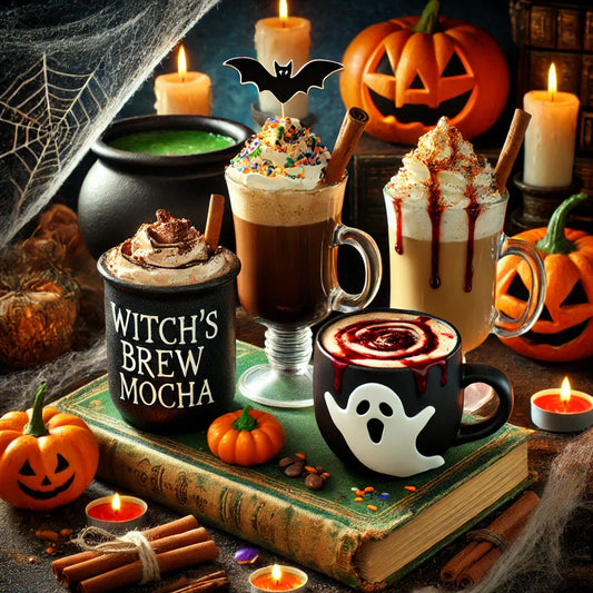 Four festive Halloween-themed coffee drinks are displayed on a book, surrounded by pumpkins, candles, and cobwebs, with a bat decoration and a cauldron in the background.