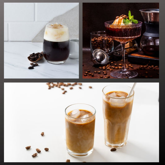 Three coffee drinks are displayed: a dark iced coffee with foam on a marble surface, a coffee dessert topped with ice cream and mint in a glass, and two iced coffee drinks with ice cubes on a white background.