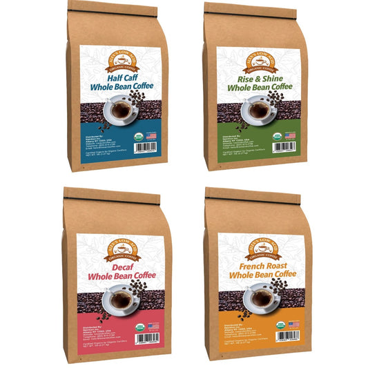 Four brown paper bags of whole bean coffee are displayed, labeled as "Half Caff," "Rise & Shine," "Decaf," and "French Roast," each featuring a coffee cup and beans in a simple design.