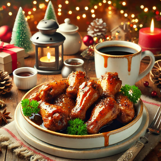 A plate of glazed chicken wings garnished with parsley sits on a wooden table, surrounded by festive decorations, a cup of coffee, and a lantern, creating a cozy holiday atmosphere.