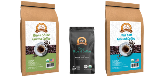 Alex's Low-Acid Organic Coffee™ All Day Drinker Fresh Ground Variety Pack by Alex's Low Acid Coffee features three gentle, low-acid blends—ideal for those with acid reflux—each bag displaying a cup of coffee and beans on the label.