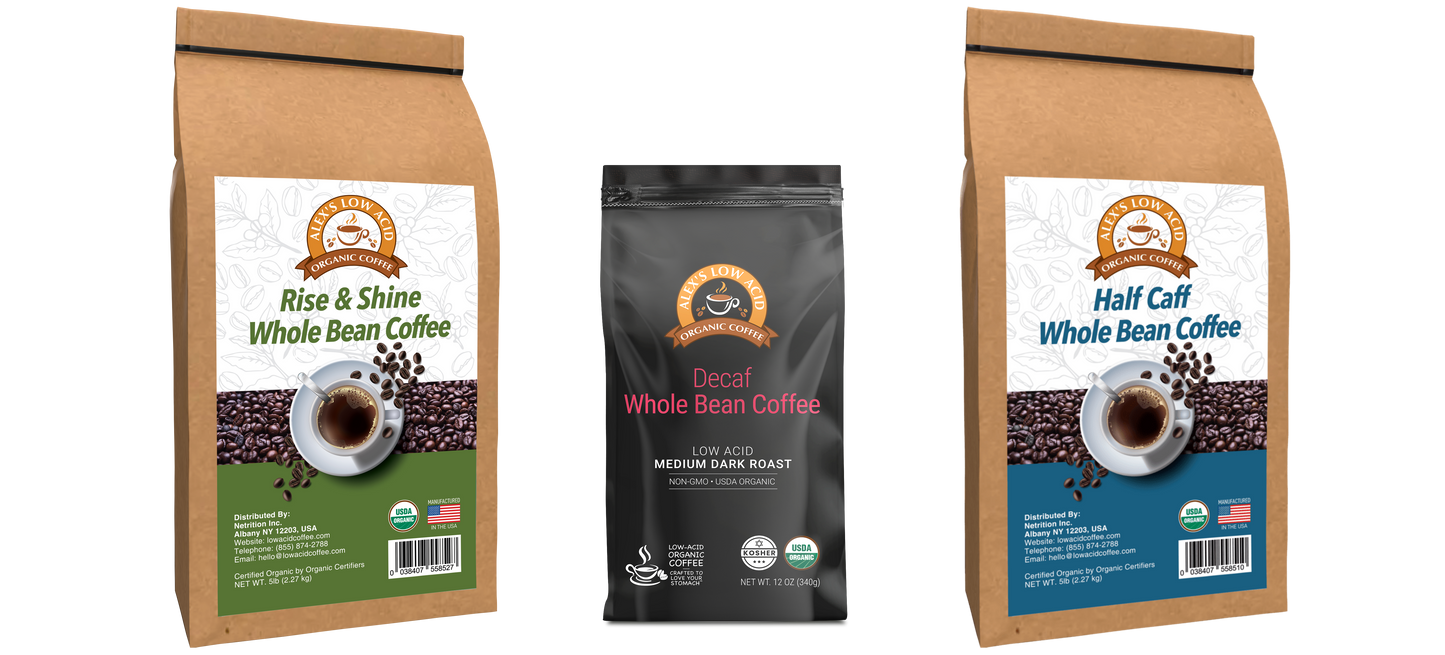 Alex's Low-Acid Coffee All Day Drinker Whole Bean Variety Pack includes “Rise & Shine,” “Decaf,” and “Half Caff”—a flavorful, low-acid coffee set featuring coffee cup and bean packaging from Alex’s Low Acid Coffee.