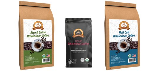 Alex's Low-Acid Coffee All Day Drinker Whole Bean Variety Pack includes “Rise & Shine,” “Decaf,” and “Half Caff”—a flavorful, low-acid coffee set featuring coffee cup and bean packaging from Alex’s Low Acid Coffee.