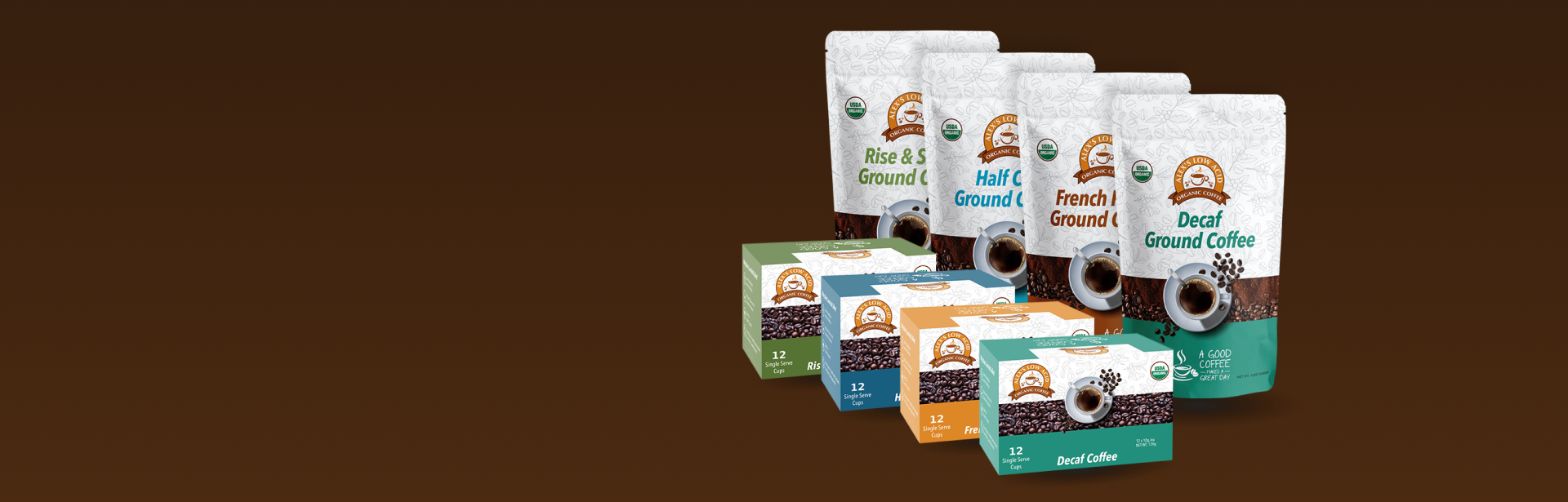 A lineup of organic coffee products, including ground coffee bags and single-serve pod boxes in different flavors, displayed on a gradient brown background.