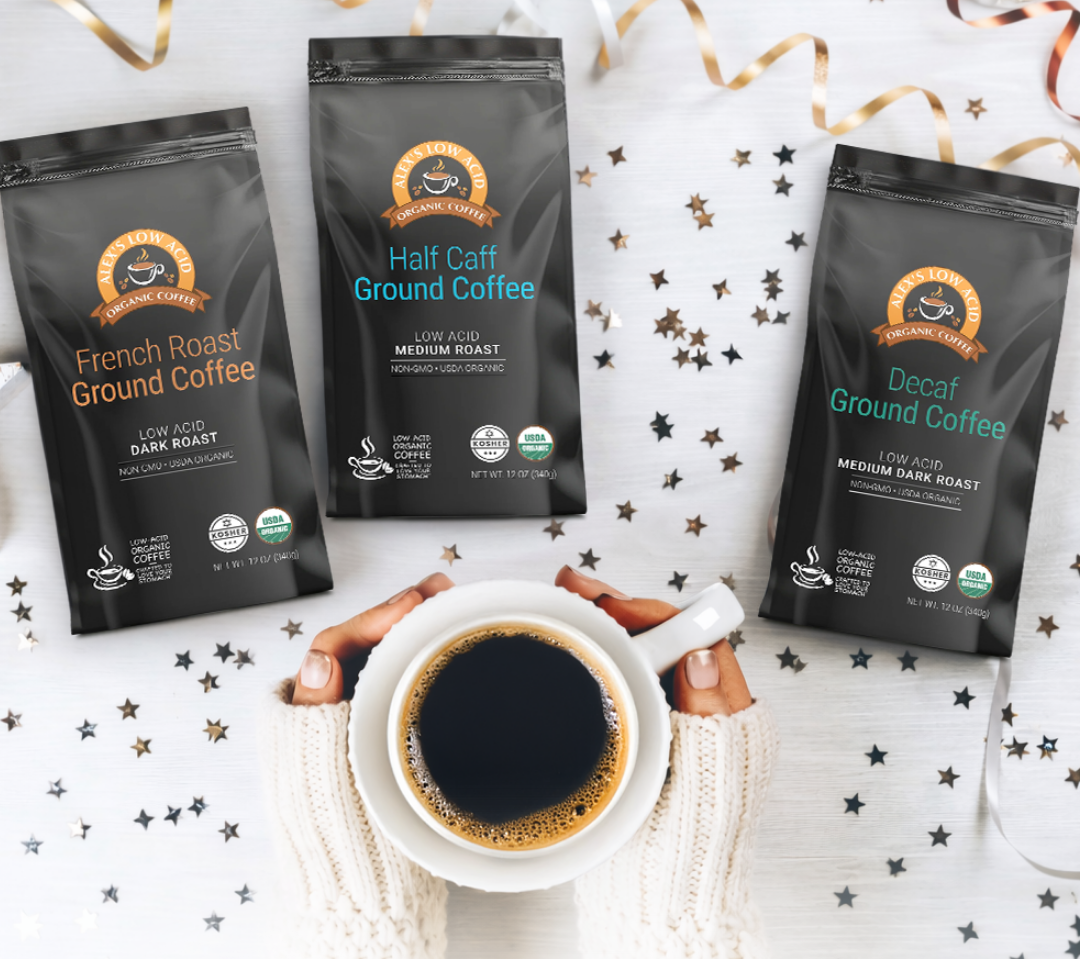 Three coffee packages with a hand holding a cup, surrounded by confetti, on a white background with promotional text.