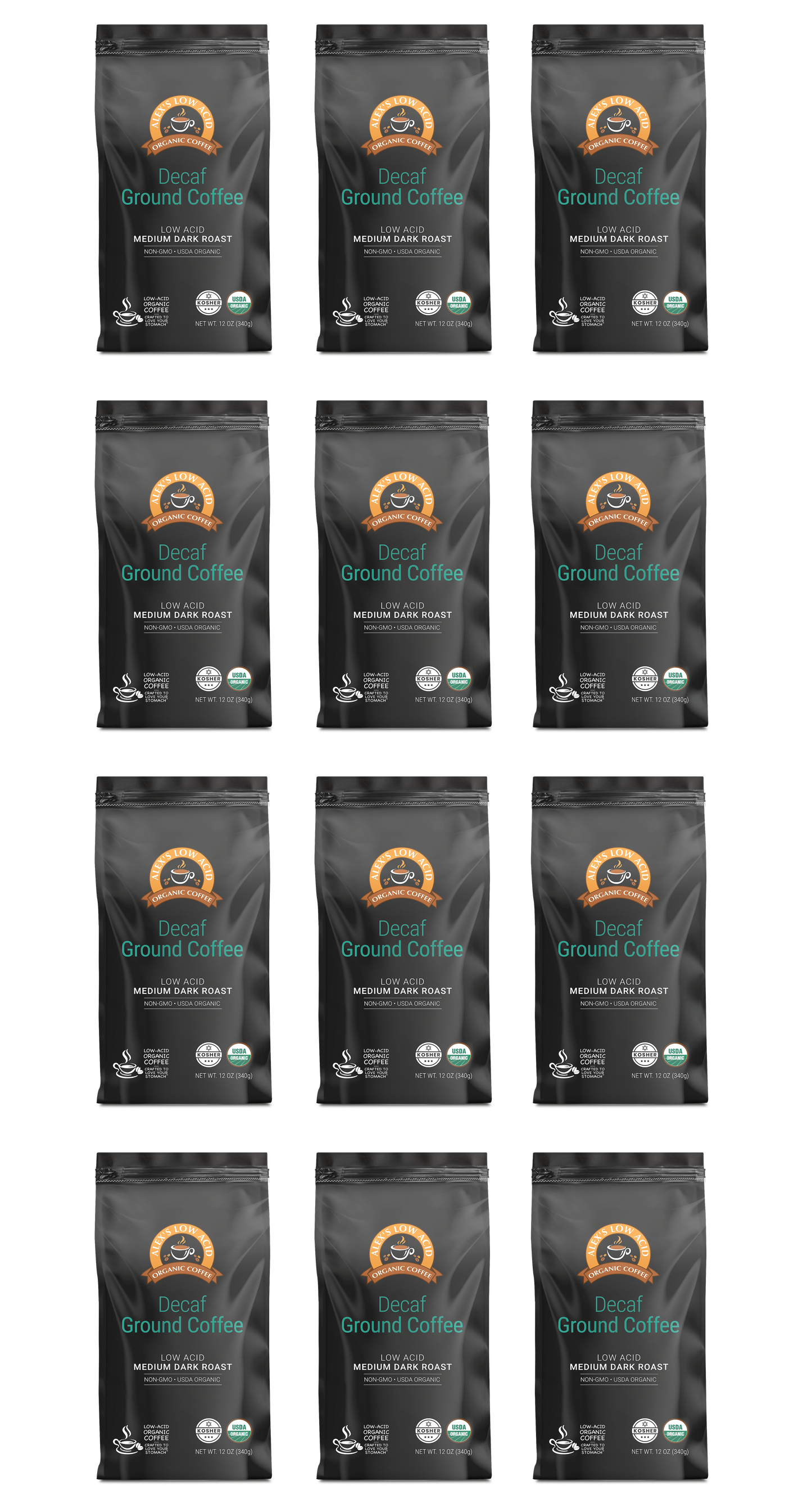 Twelve Alex's Low-Acid Organic Coffee™ Decaf Fresh Ground (12oz) bags are arranged in a 4x3 grid. Each black bag features a circular orange logo plus organic and fair trade badges—ideal for heartburn relief. Brand: Alex's Low Acid Coffee.