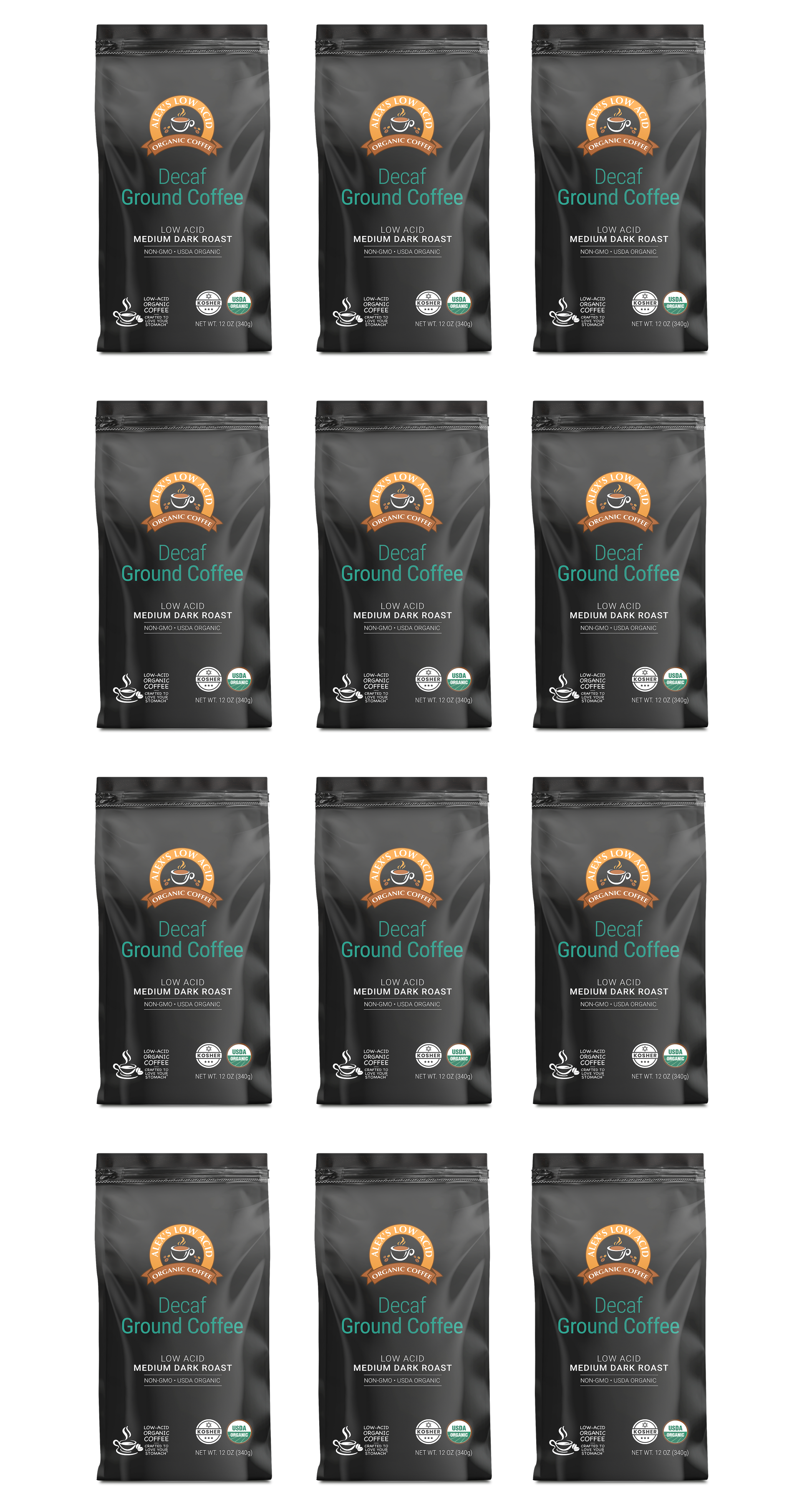Twelve Alex's Low-Acid Organic Coffee™ Decaf Fresh Ground (12oz) bags are arranged in a 4x3 grid. Each black bag features a circular orange logo plus organic and fair trade badges—ideal for heartburn relief. Brand: Alex's Low Acid Coffee.