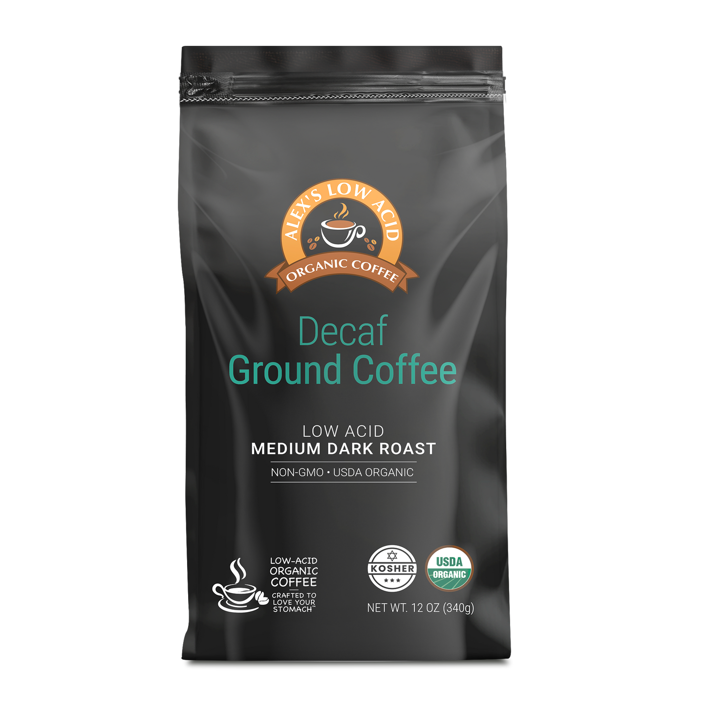 A 12oz black bag of Alex's Low-Acid Organic Coffee™ - Decaf Fresh Ground by Alex's Low Acid Coffee, USDA Organic, Non-GMO, Kosher, and gentle on sensitive stomachs. Features white and teal text.