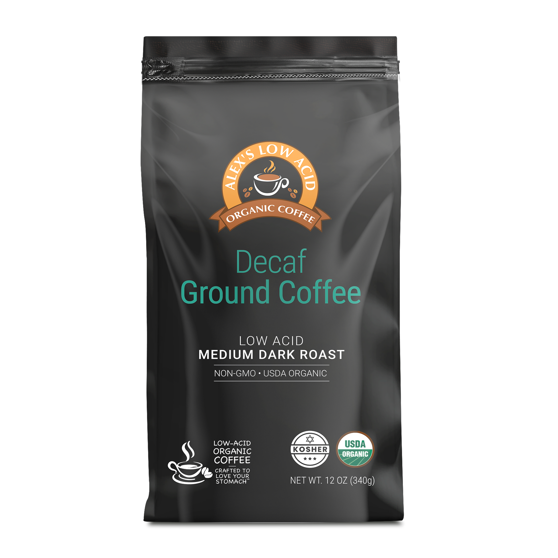 A 12oz black bag of Alex's Low-Acid Organic Coffee™ - Decaf Fresh Ground by Alex's Low Acid Coffee, USDA Organic, Non-GMO, Kosher, and gentle on sensitive stomachs. Features white and teal text.