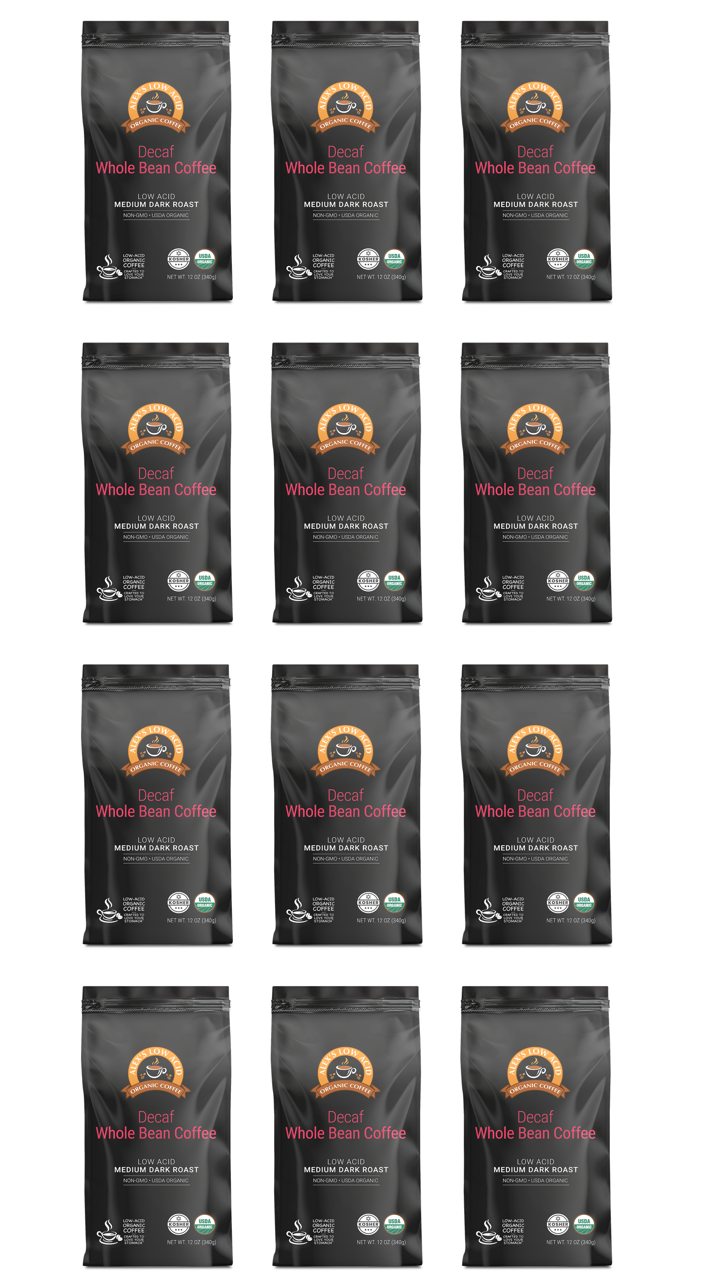 Twelve bags of Alex's Low-Acid Organic Coffee™ - Decaf Whole Bean (12oz) by Alex's Low Acid Coffee, providing heartburn relief and low acid benefits, arranged in a 4x3 grid. Packaging displays orange/white text and certification logos.