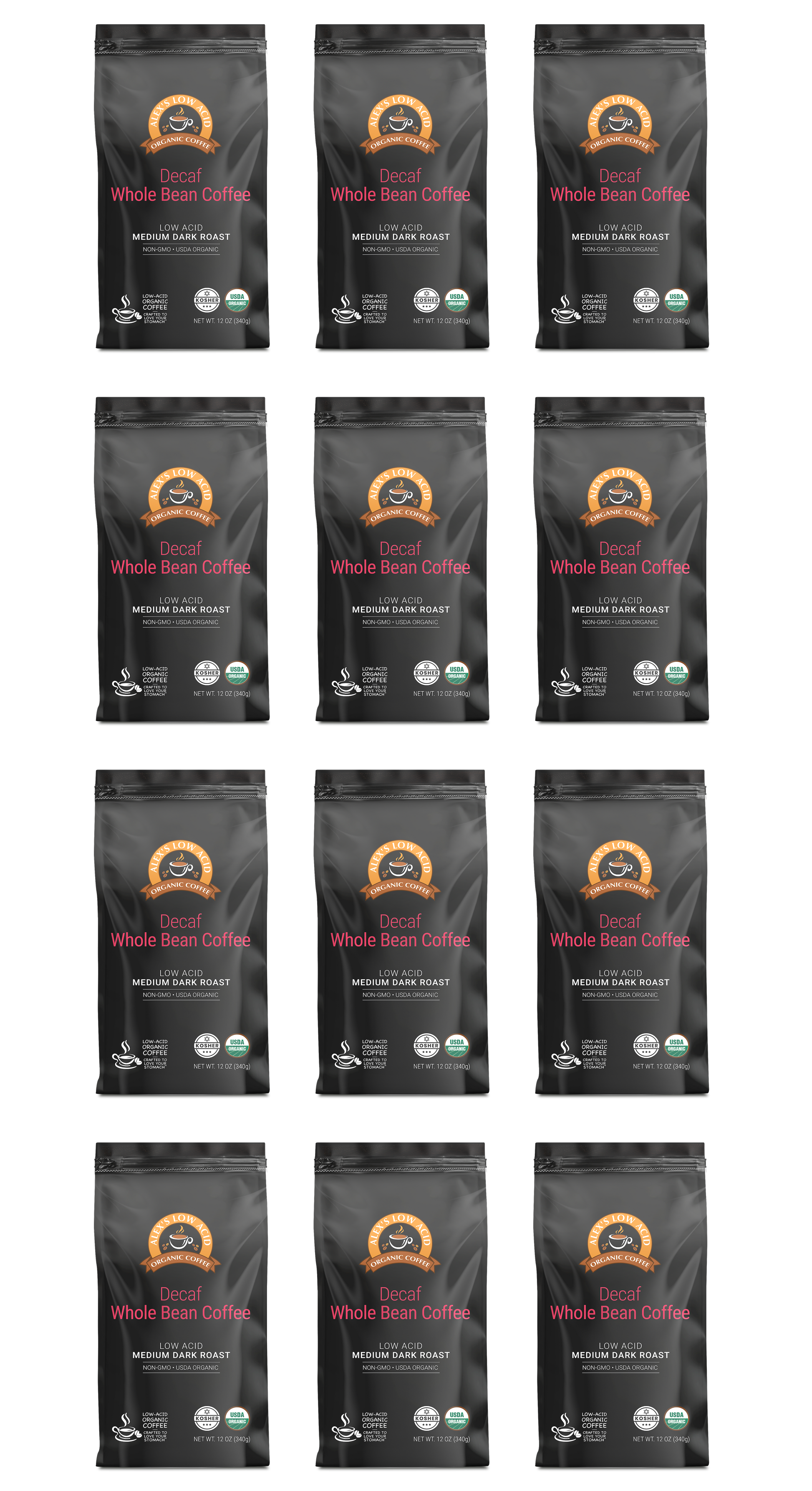 Twelve bags of Alex's Low-Acid Organic Coffee™ - Decaf Whole Bean (12oz) by Alex's Low Acid Coffee, providing heartburn relief and low acid benefits, arranged in a 4x3 grid. Packaging displays orange/white text and certification logos.
