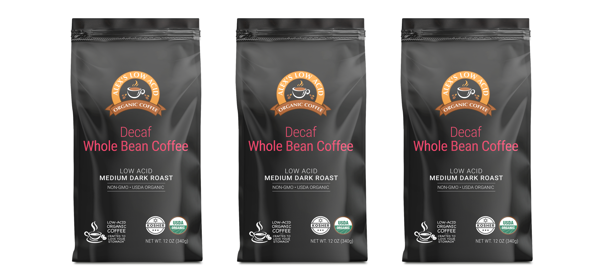 Three bags of Alex's Low-Acid Organic Coffee™ Decaf Whole Bean (12oz) by Alex's Low Acid Coffee, labeled low acid for heartburn relief, medium dark roast, non-GMO, and USDA organic, are displayed upright against a light background.