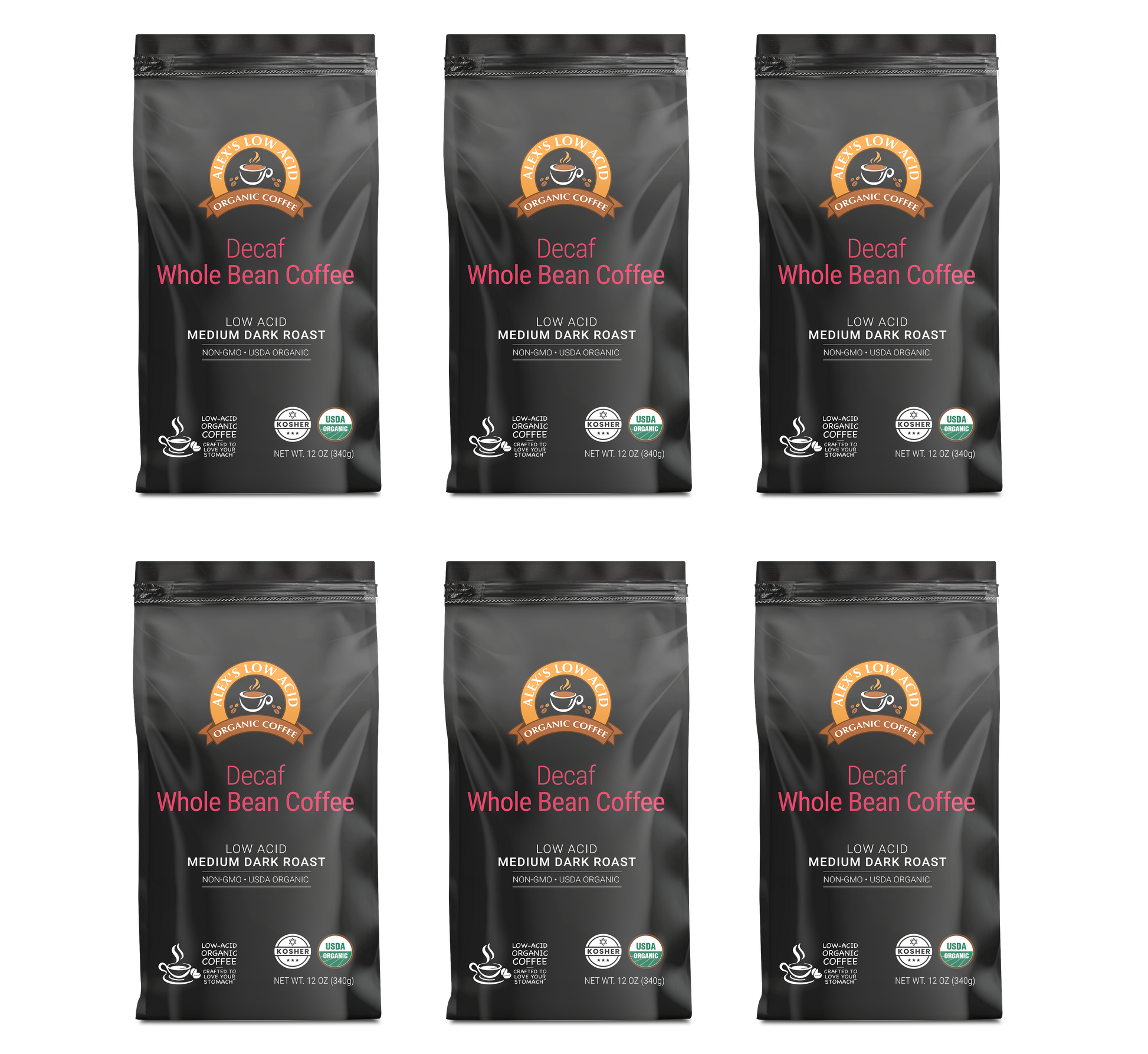 Six black bags of Alex's Low-Acid Organic Coffee™ - Decaf Whole Bean (12oz) by Alex's Low Acid Coffee are shown in two rows, each with an orange and brown label highlighting low acid for heartburn relief and a medium dark roast.