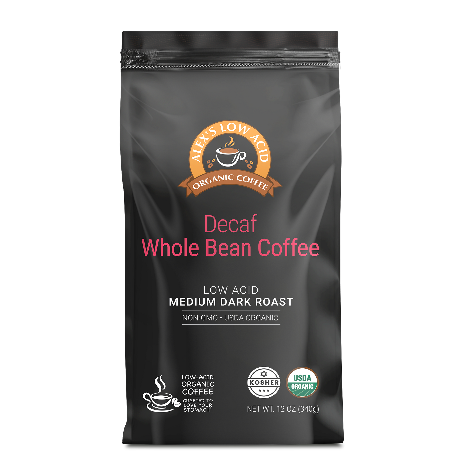 A 12oz black bag of Alex's Low-Acid Organic Coffee™ Decaf Whole Bean by Alex's Low Acid Coffee, medium dark roast, labeled for heartburn relief, non-GMO, USDA organic, kosher, and low acid.