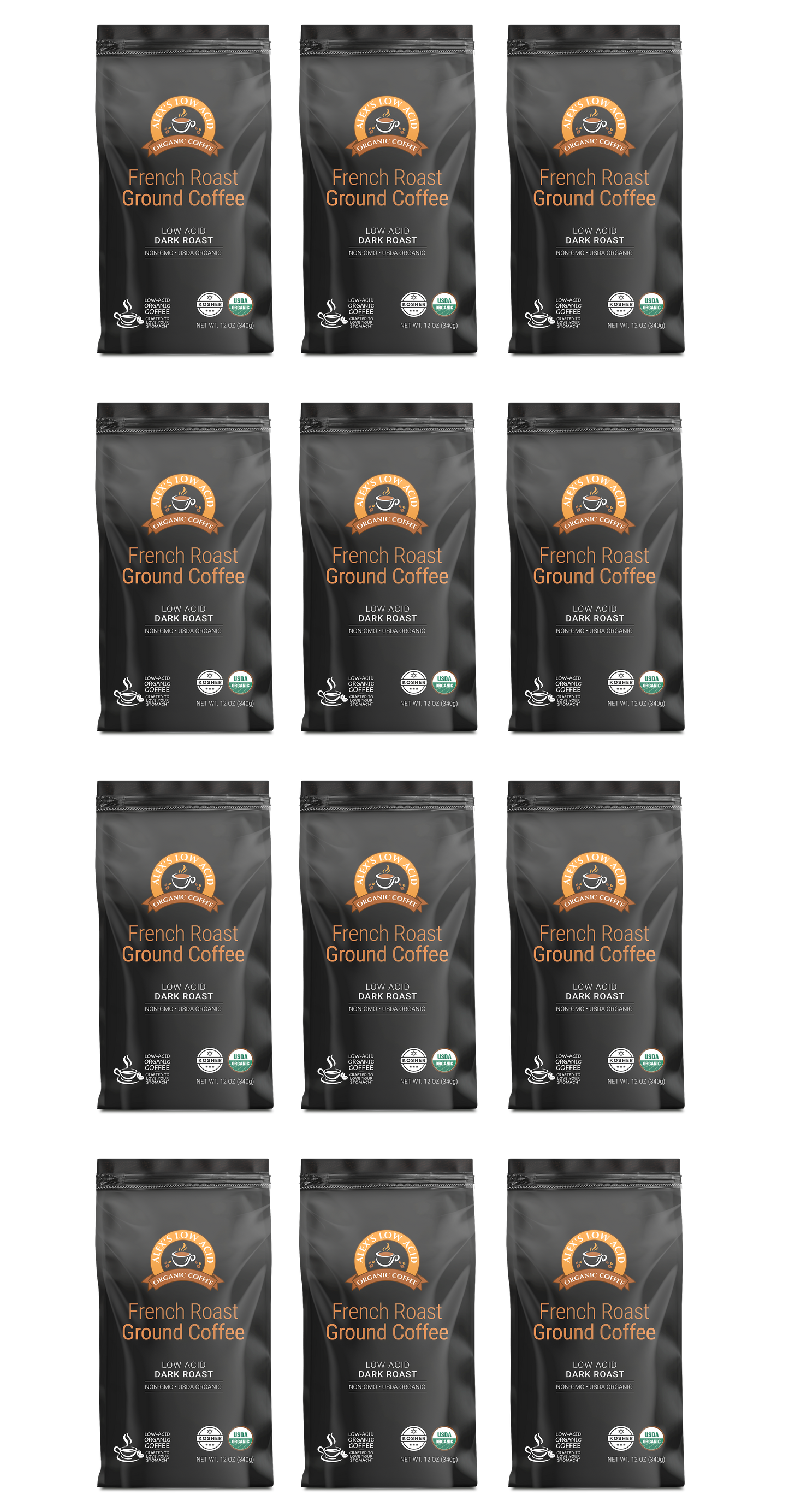 Twelve bags of Alex's Low-Acid Organic Coffee™ - French Roast Fresh Ground (12oz) by Alex's Low Acid Coffee are arranged in a 3x4 grid. Each black bag features a brown logo, white text, and green certification labels. Enjoy a smooth, rich, low-acid brew.