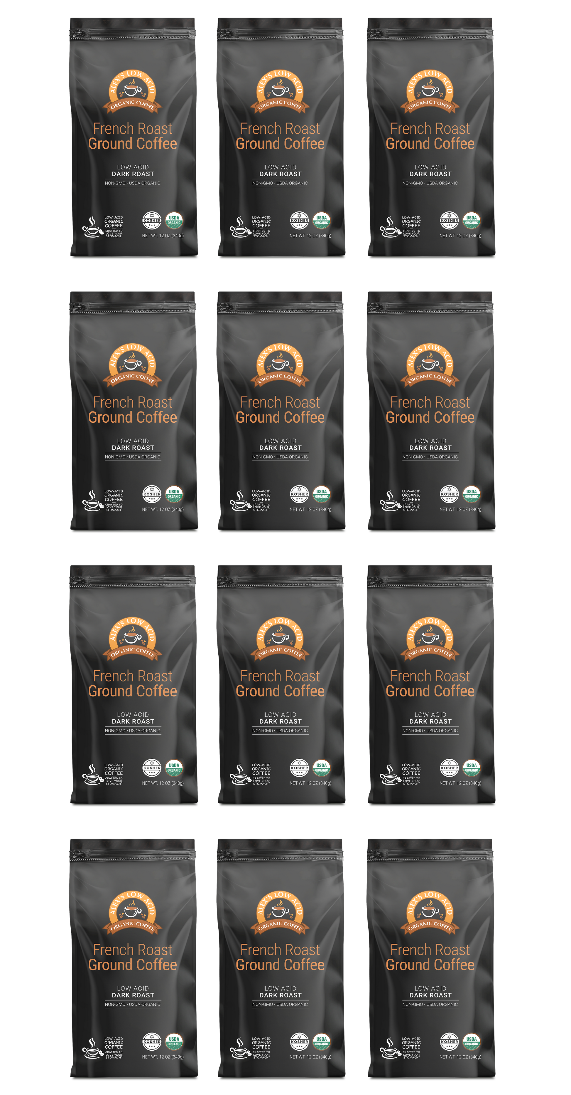Twelve bags of Alex's Low-Acid Organic Coffee™ - French Roast Fresh Ground (12oz) by Alex's Low Acid Coffee are arranged in a 3x4 grid. Each black bag features a brown logo, white text, and green certification labels. Enjoy a smooth, rich, low-acid brew.