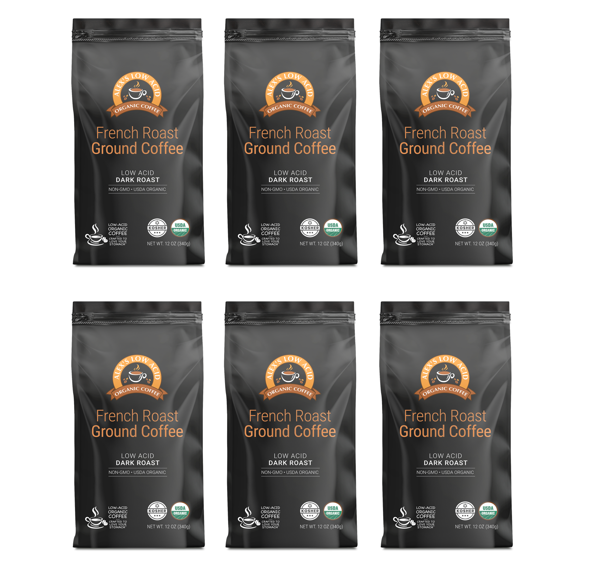 Six bags of Alex's Low-Acid Organic Coffee™ - French Roast Fresh Ground (12oz) by Alex's Low Acid Coffee are arranged in two rows of three. Each black bag is labeled low acid, dark roast, and has a circular orange logo at the top.