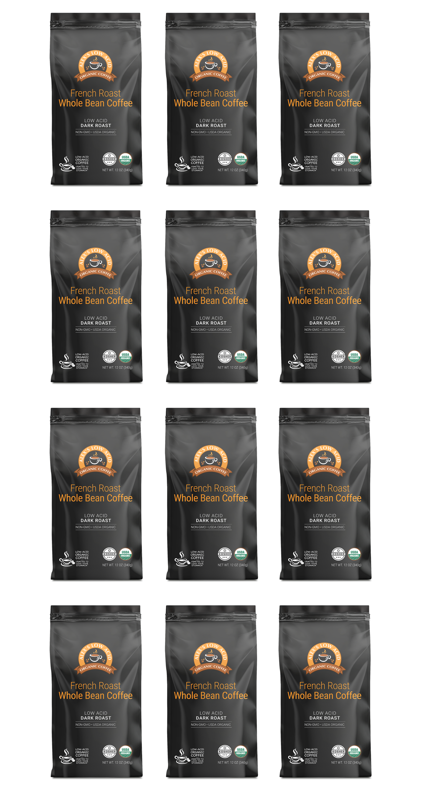 Twelve identical Alex's Low-Acid Organic Coffee™ – French Roast Whole Bean (12oz) bags from Alex's Low Acid Coffee are arranged in a 4x3 grid on a light background, each displaying organic and fair trade certification labels.