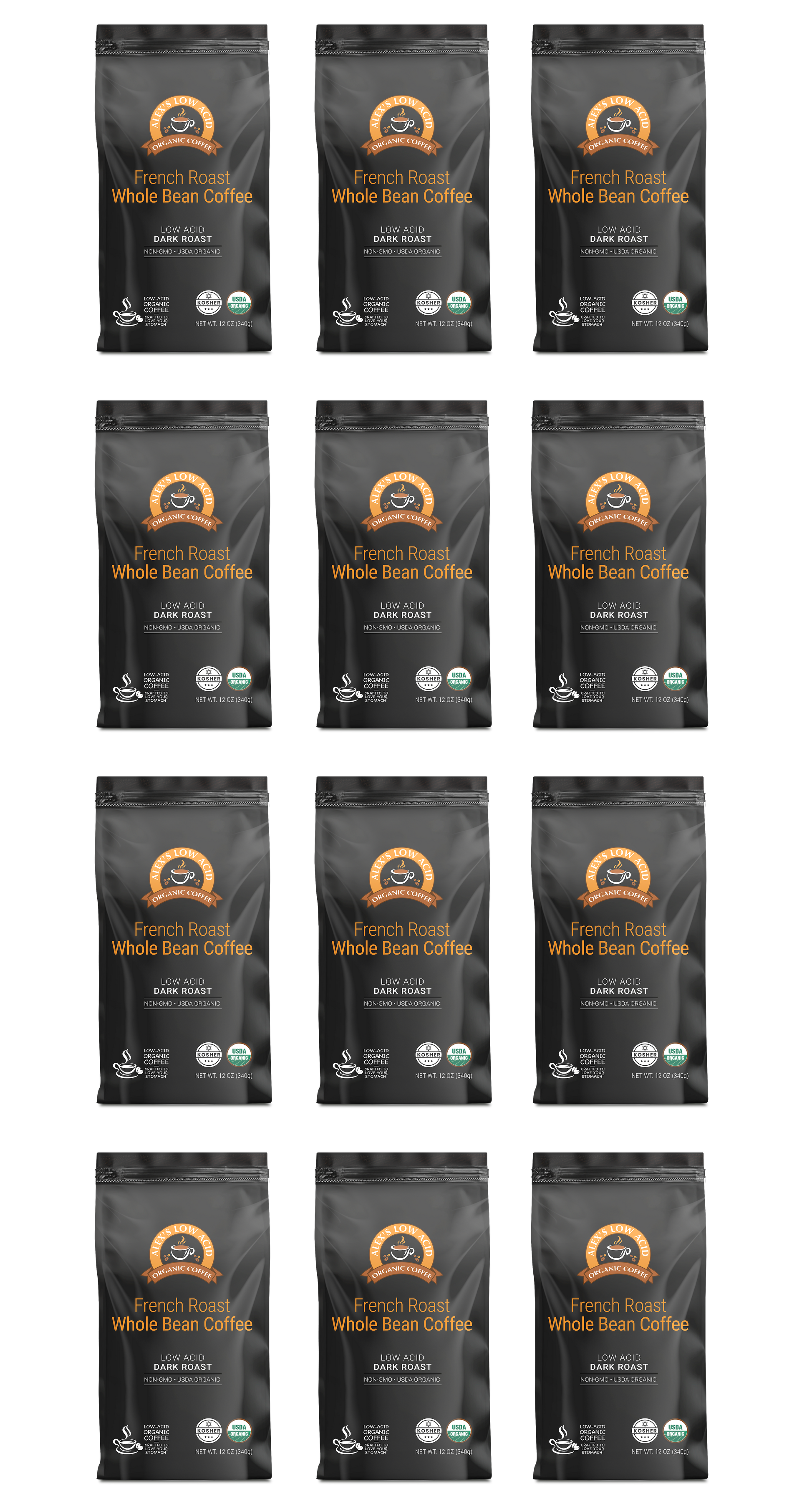 Twelve identical Alex's Low-Acid Organic Coffee™ – French Roast Whole Bean (12oz) bags from Alex's Low Acid Coffee are arranged in a 4x3 grid on a light background, each displaying organic and fair trade certification labels.
