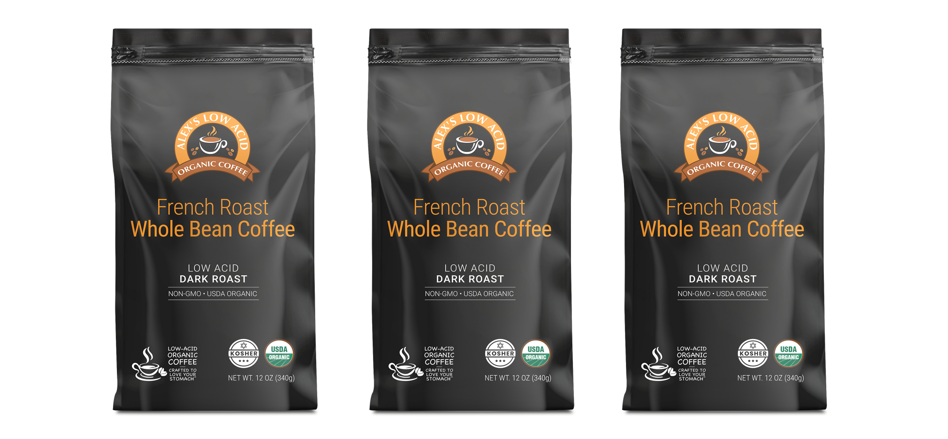 Three bags of Alex's Low-Acid Organic Coffee™ - French Roast Whole Bean (12oz) by Alex's Low Acid Coffee are shown side by side, featuring black packaging with orange, white text, coffee cup graphics, and heartburn relief certification logos.