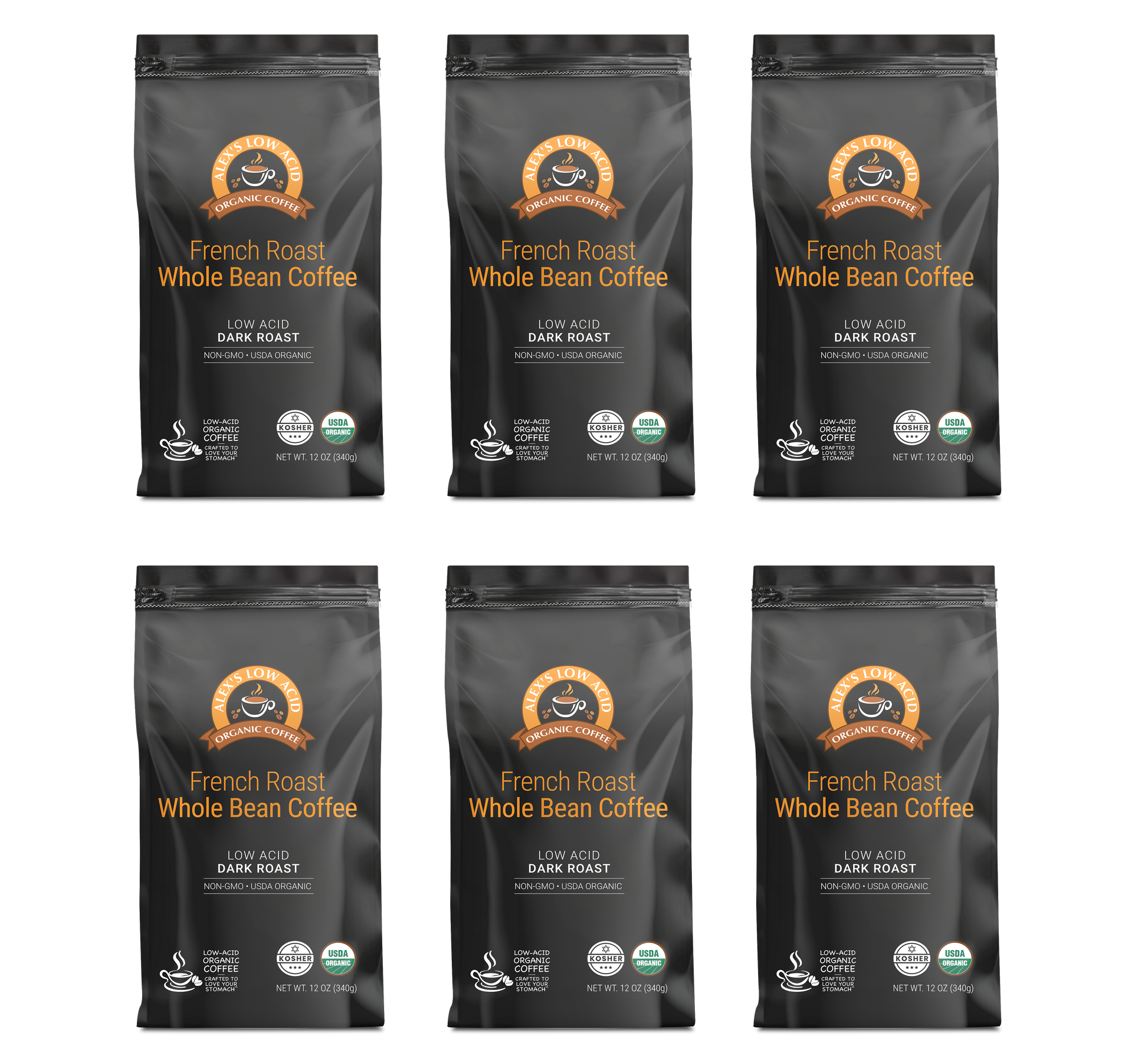 Six bags of Alex's Low-Acid Organic Coffee™ - French Roast Whole Bean (12oz) from Alex's Low Acid Coffee are arranged in two rows, featuring low acid, USDA Organic certification, heartburn relief benefits.