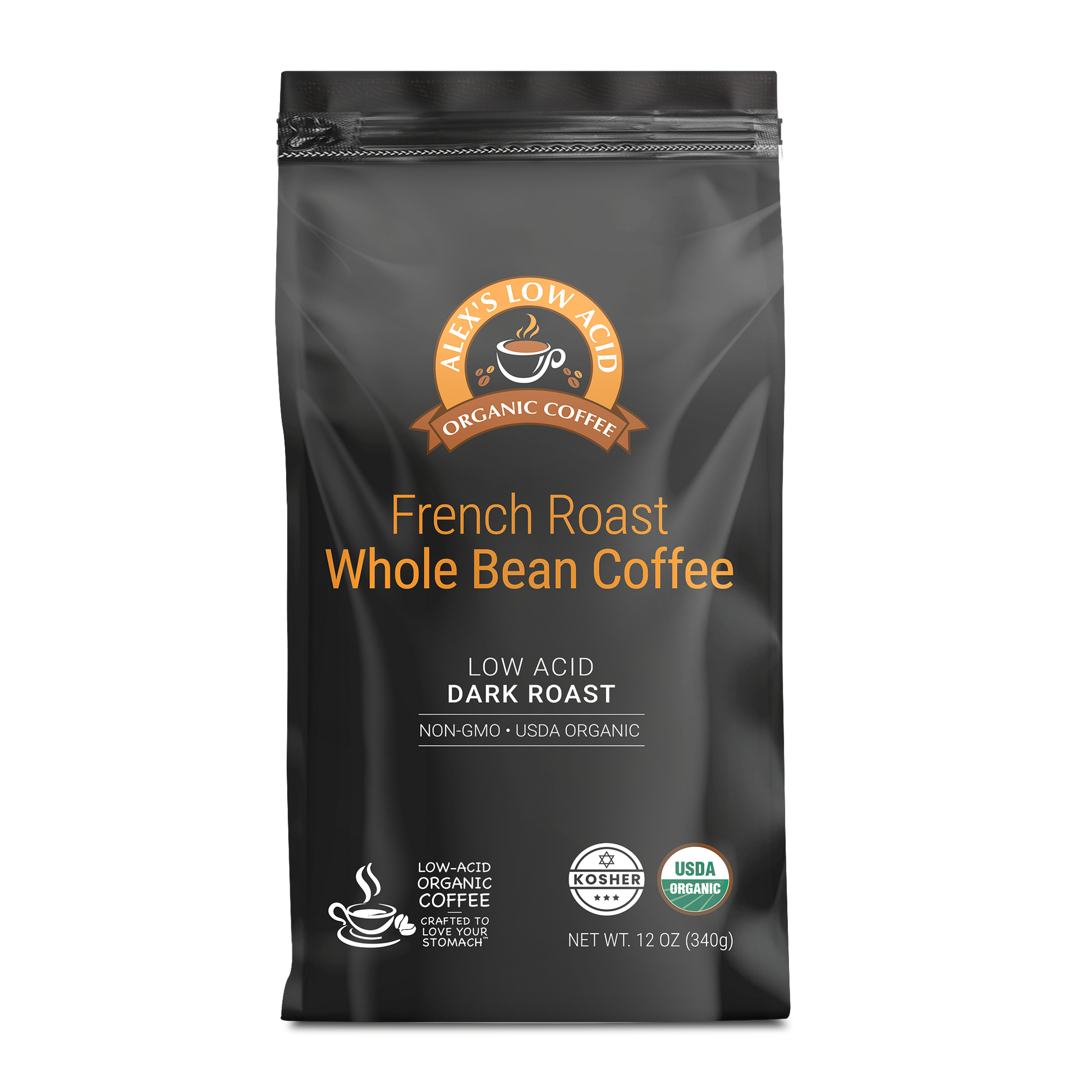 A 12oz black bag of Alex's Low-Acid Organic Coffee™ French Roast Whole Bean from Alex's Low Acid Coffee, labeled smooth low acid coffee, dark roast, non-GMO, USDA organic, kosher, with a cup of coffee icon.