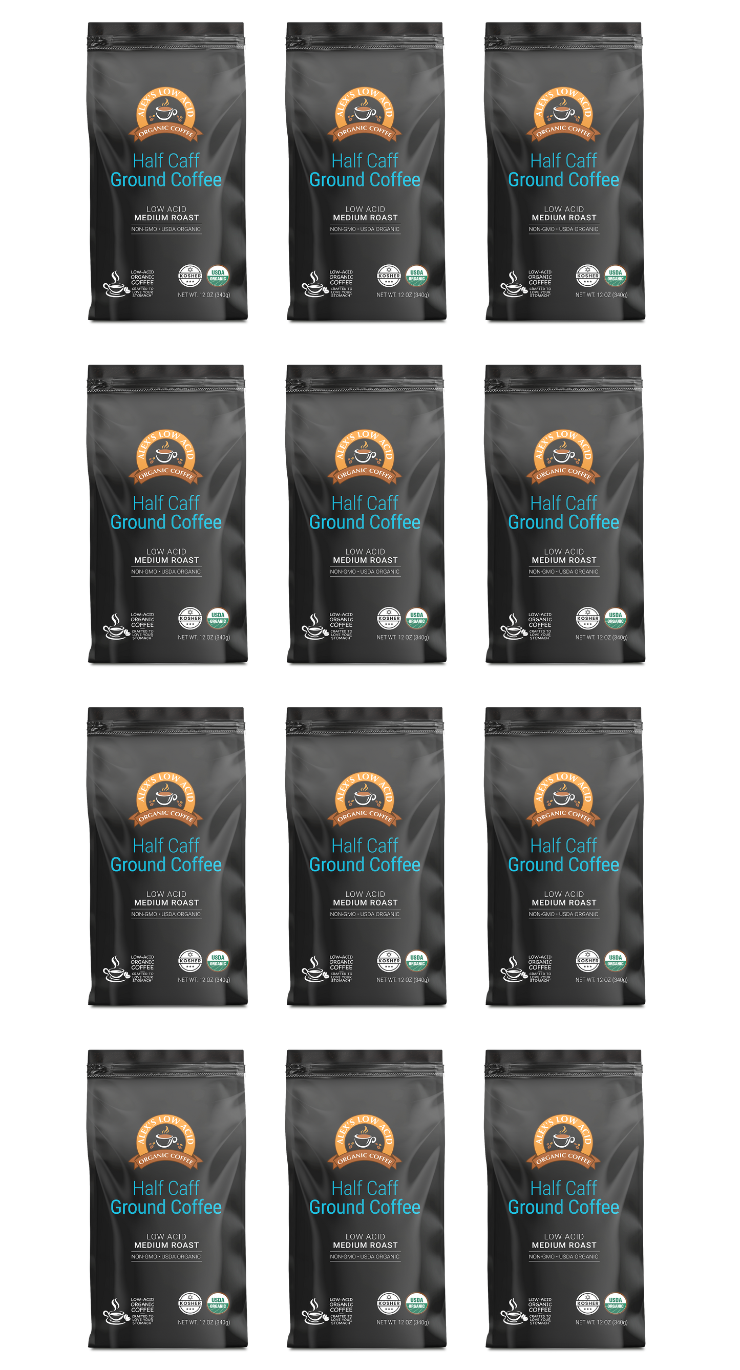 Twelve identical bags of Alex's Low-Acid Organic Coffee™ - Half Caff Fresh Ground (12oz) by Alex's Low Acid Coffee, arranged in a 3 by 4 grid on a white background. The black bags feature the brand logo, low acid certification, and premium packaging.