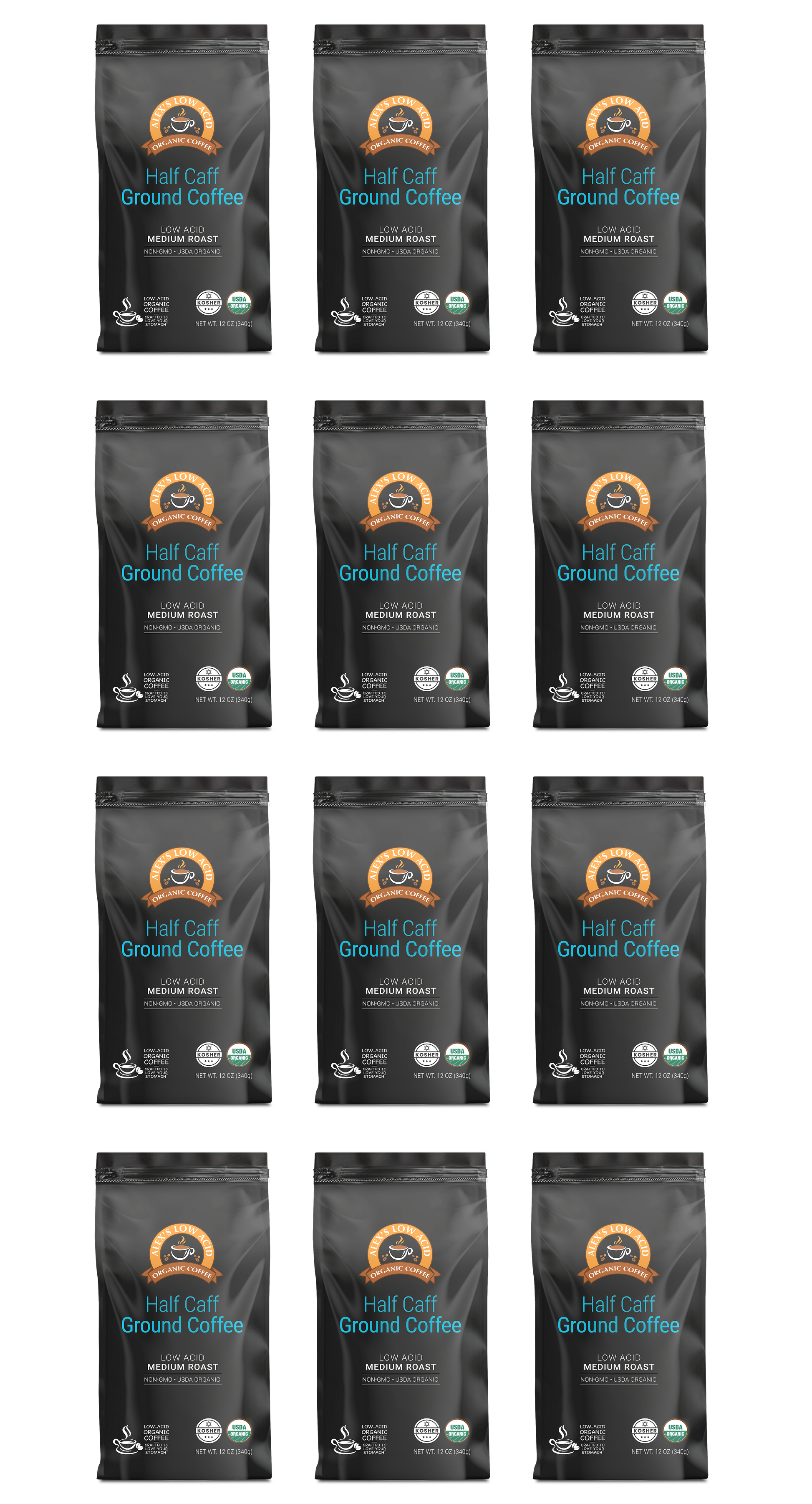 Twelve identical bags of Alex's Low-Acid Organic Coffee™ - Half Caff Fresh Ground (12oz) by Alex's Low Acid Coffee, arranged in a 3 by 4 grid on a white background. The black bags feature the brand logo, low acid certification, and premium packaging.