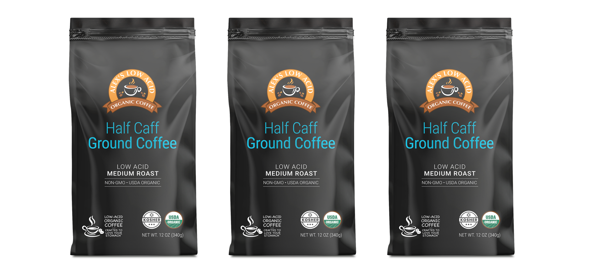 Three black bags of Alex's Low-Acid Organic Coffee™ - Half Caff Fresh Ground (12oz) from Alex's Low Acid Coffee offer a medium roast that's low acid, organic, non-GMO, and herb-organic with a coffee cup icon and bold orange-blue text on the front.
