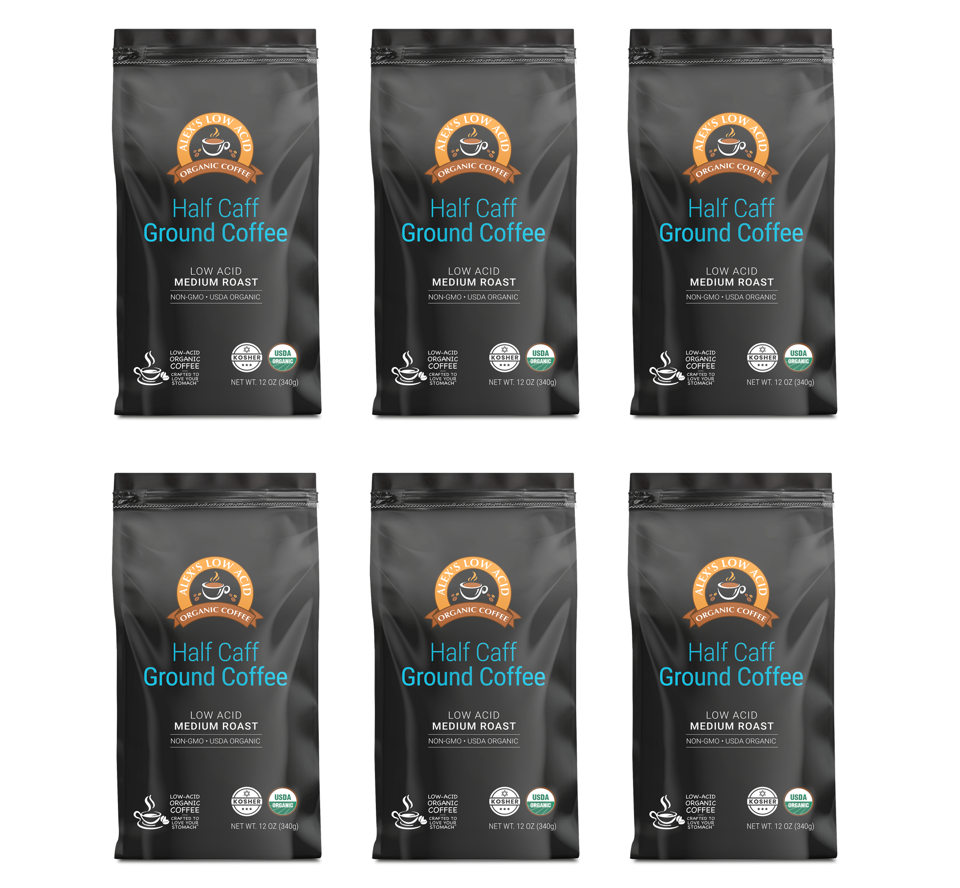 Six bags of Alex's Low-Acid Organic Coffee™ - Half Caff Fresh Ground (12oz) by Alex's Low Acid Coffee are arranged in two rows of three. Each sleek black bag is medium roast, non-GMO, organic, and features white and blue text.