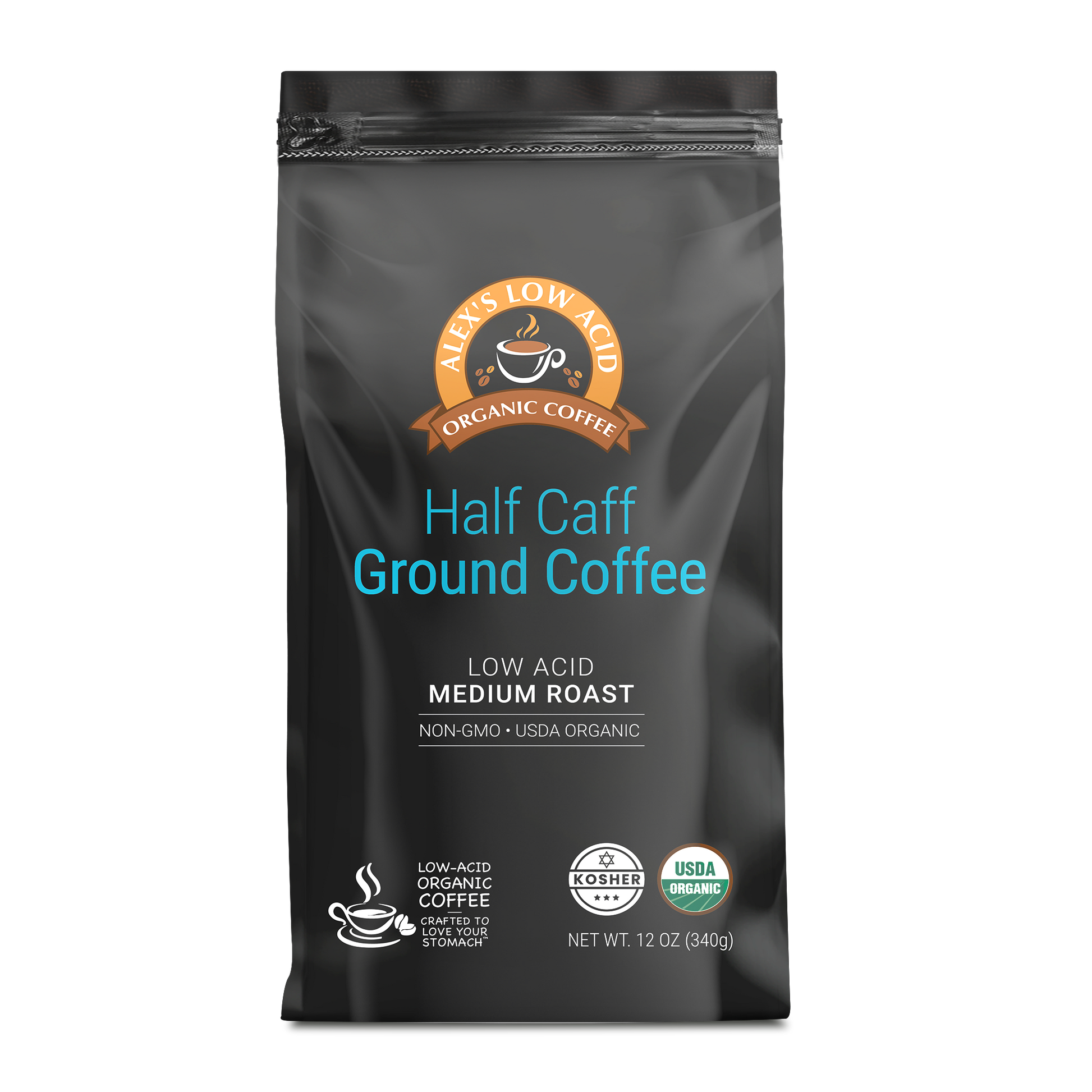 A black bag of Alex’s Low Acid Coffee, labeled Low-Acid Organic Coffee™ - Half Caff Fresh Ground (12oz), ideal for those seeking organic, low-acid coffee with half caffeine. Medium roast, Non-GMO, USDA Organic, Kosher. Certification logos included.