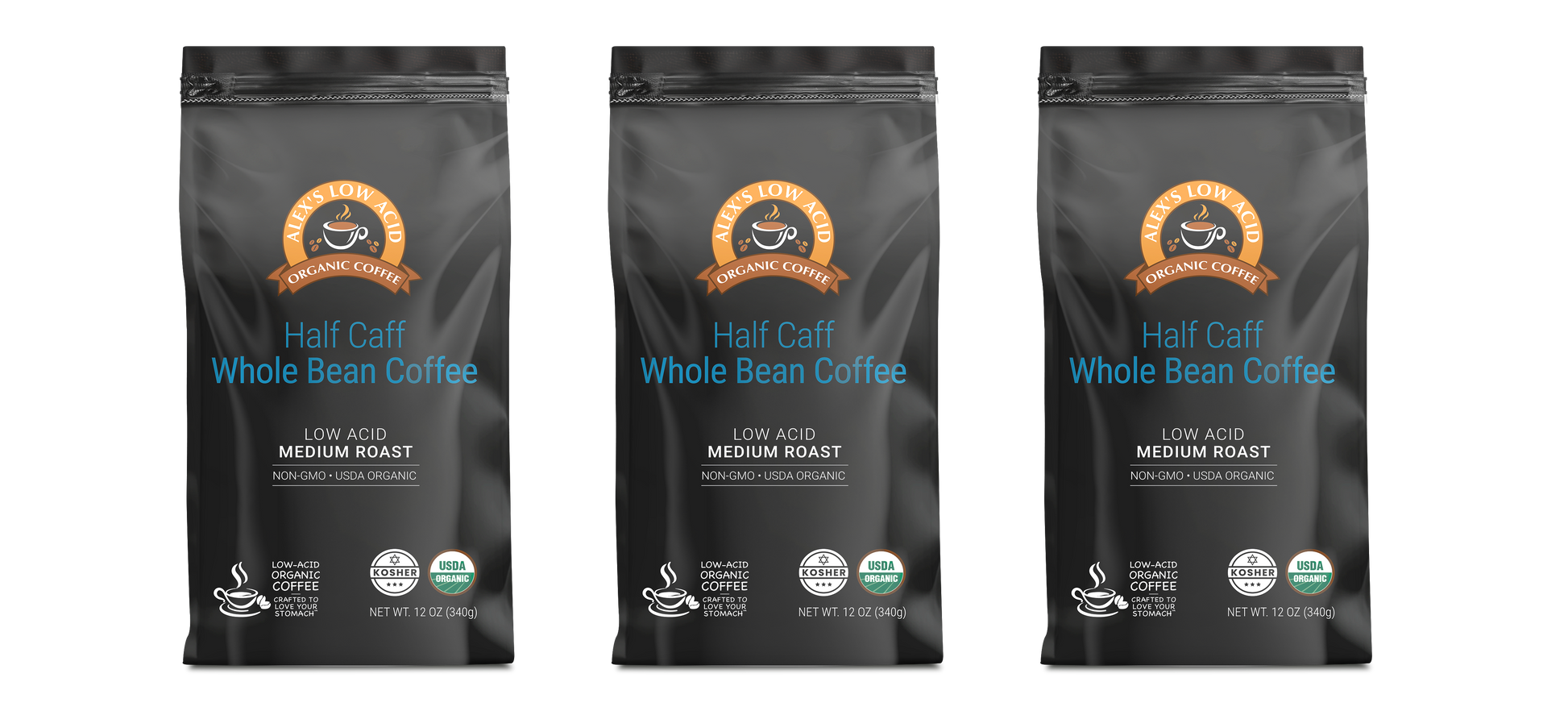 Three black bags of Alex's Low-Acid Organic Coffee™ - Half Caff Whole Bean, 12oz each, by Alex's Low Acid Coffee, with brown and blue branding on a white background. Enjoy smooth, low acid coffee in every cup.