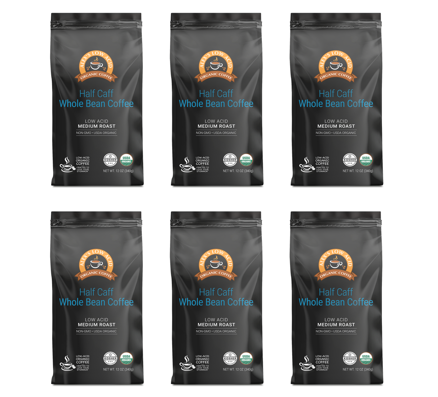 Six bags of Alex's Low-Acid Organic Coffee™ - Half Caff Whole Bean (12oz) by Alex's Low Acid Coffee, Medium Roast, are arranged in two rows of three on a white background. Each bag features low acid and organic certifications.