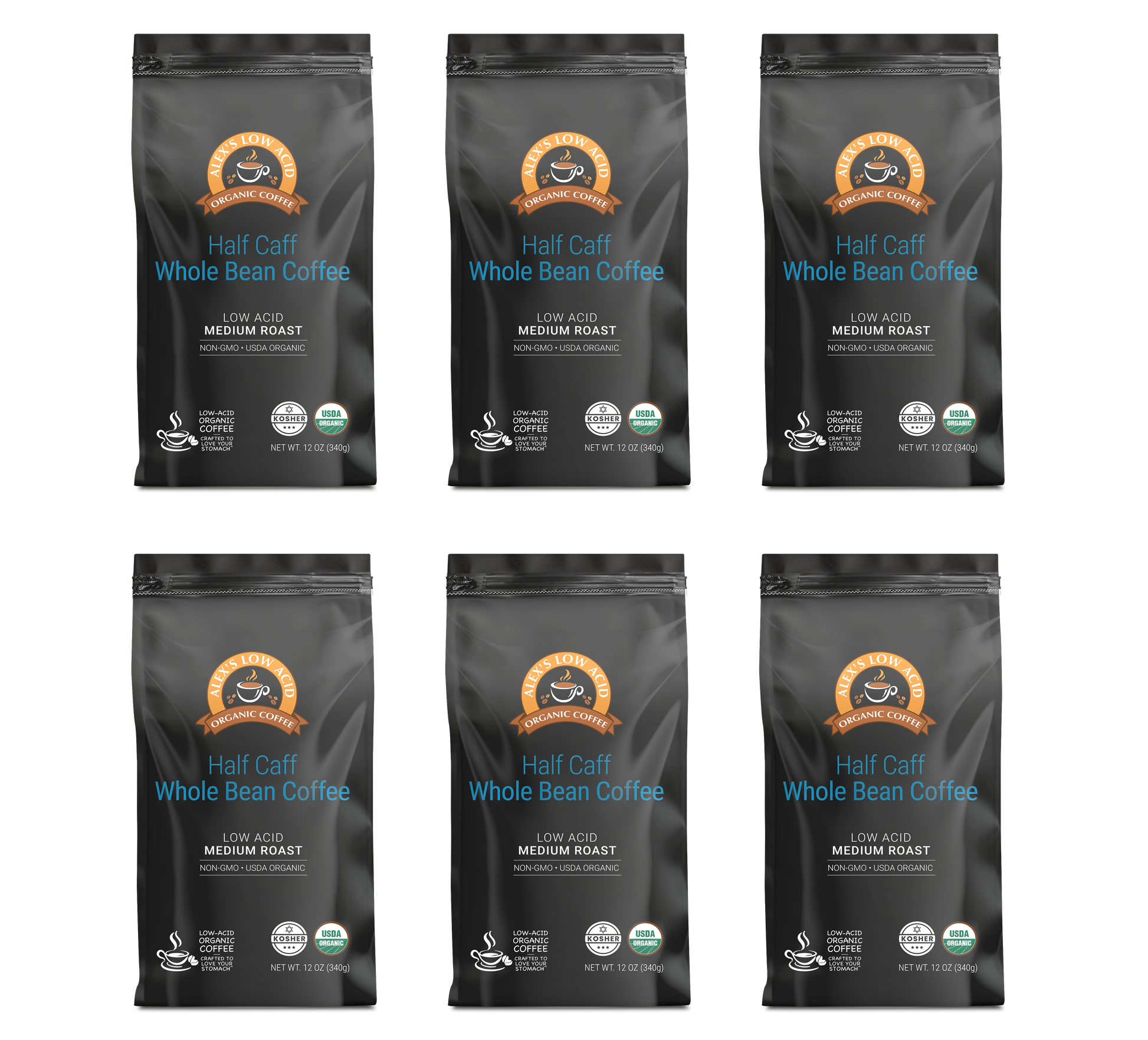 Six bags of Alex's Low-Acid Organic Coffee™ - Half Caff Whole Bean (12oz) by Alex's Low Acid Coffee, Medium Roast, are arranged in two rows of three on a white background. Each bag features low acid and organic certifications.