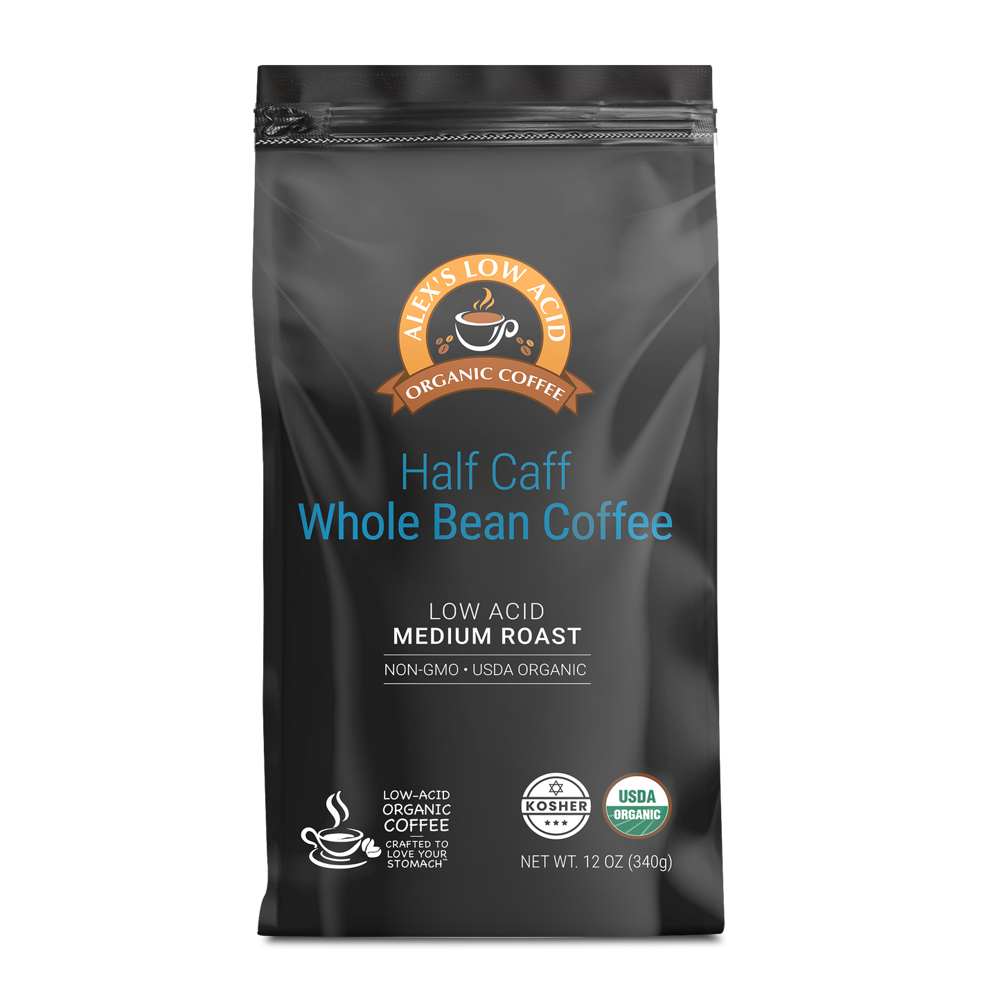 A 12oz black bag of Alex's Low-Acid Organic Coffee™ - Half Caff Whole Bean from Alex's Low Acid Coffee, medium roast, organic, low acid, non-GMO and kosher certified, with white and blue text and logos on the front.