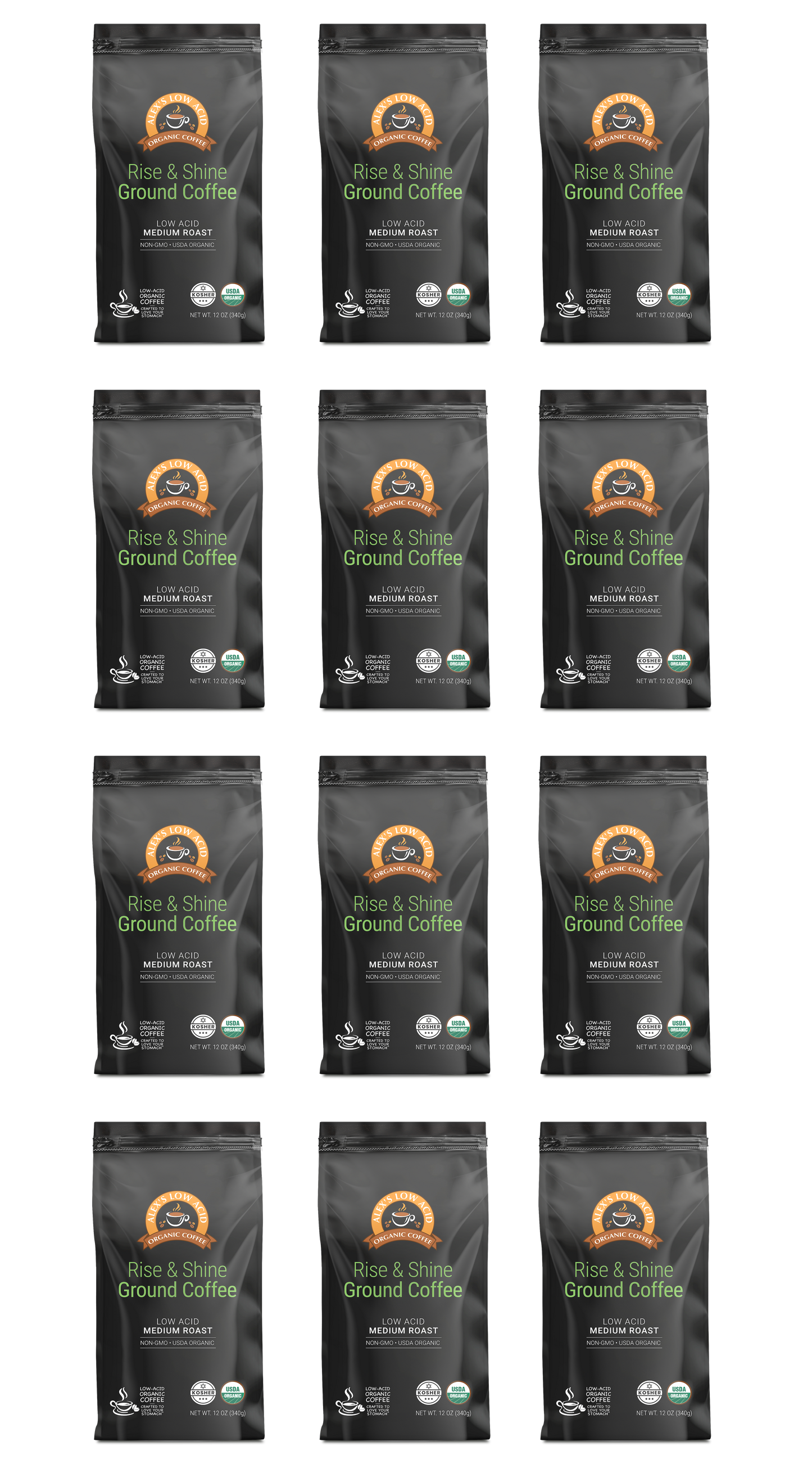 Twelve identical bags of Alex's Low-Acid Organic Coffee™ - Rise and Shine Fresh Ground (12oz) by Alex's Low Acid Coffee are arranged in four rows. Each black bag features an orange logo, white text, and USDA Organic and Fair Trade Certified symbols.