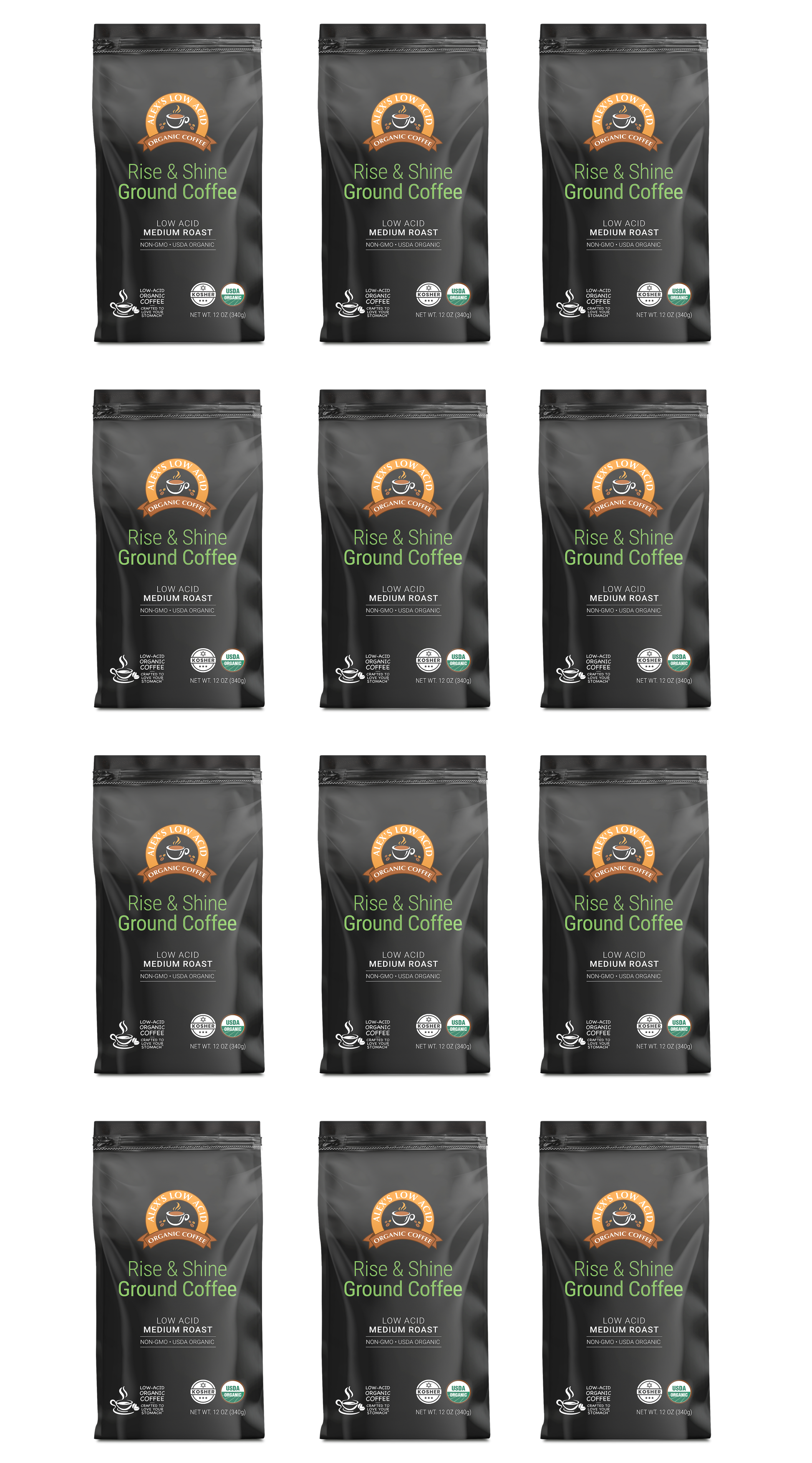 Twelve identical bags of Alex's Low-Acid Organic Coffee™ - Rise and Shine Fresh Ground (12oz) by Alex's Low Acid Coffee are arranged in four rows. Each black bag features an orange logo, white text, and USDA Organic and Fair Trade Certified symbols.