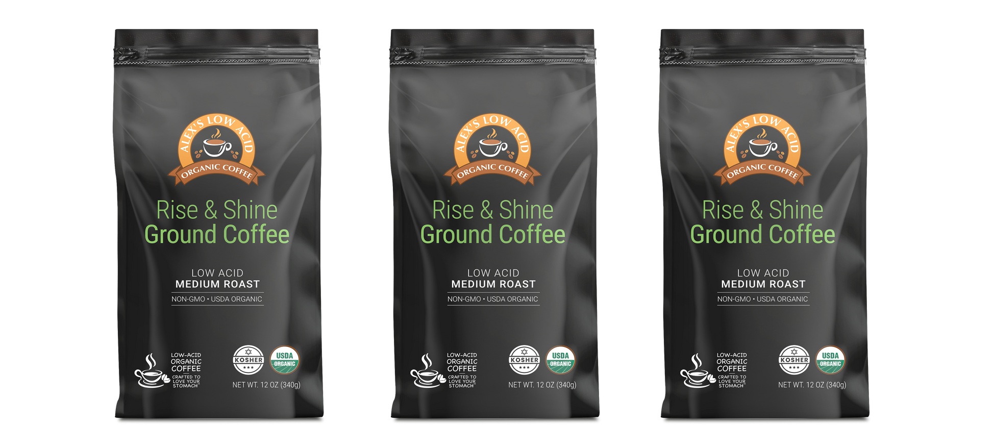 Three black bags of Alex's Low-Acid Organic Coffee™ - Rise and Shine Fresh Ground (12oz) by Alex's Low Acid Coffee are displayed side by side, each featuring green and white text, brown-orange seals, USDA Organic certification, and a low-acid formula.