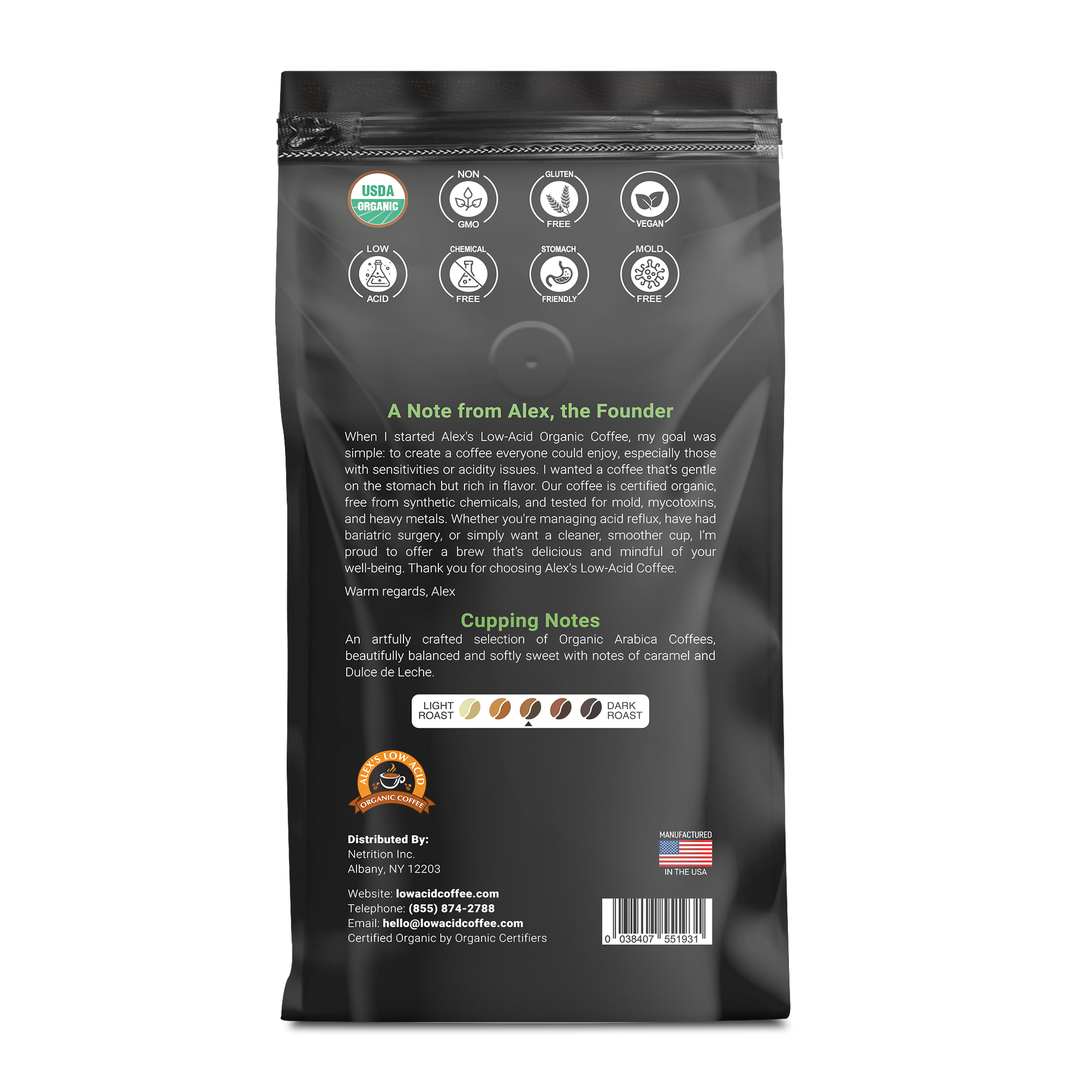 The back of Alex's Low-Acid Organic Coffee™ - Rise and Shine Fresh Ground (12oz) displays certification logos, a founder’s note, light/dark roast icons, chocolate and caramel cupping notes, company info, US flag, and highlights its organic, stomach-friendly blend.