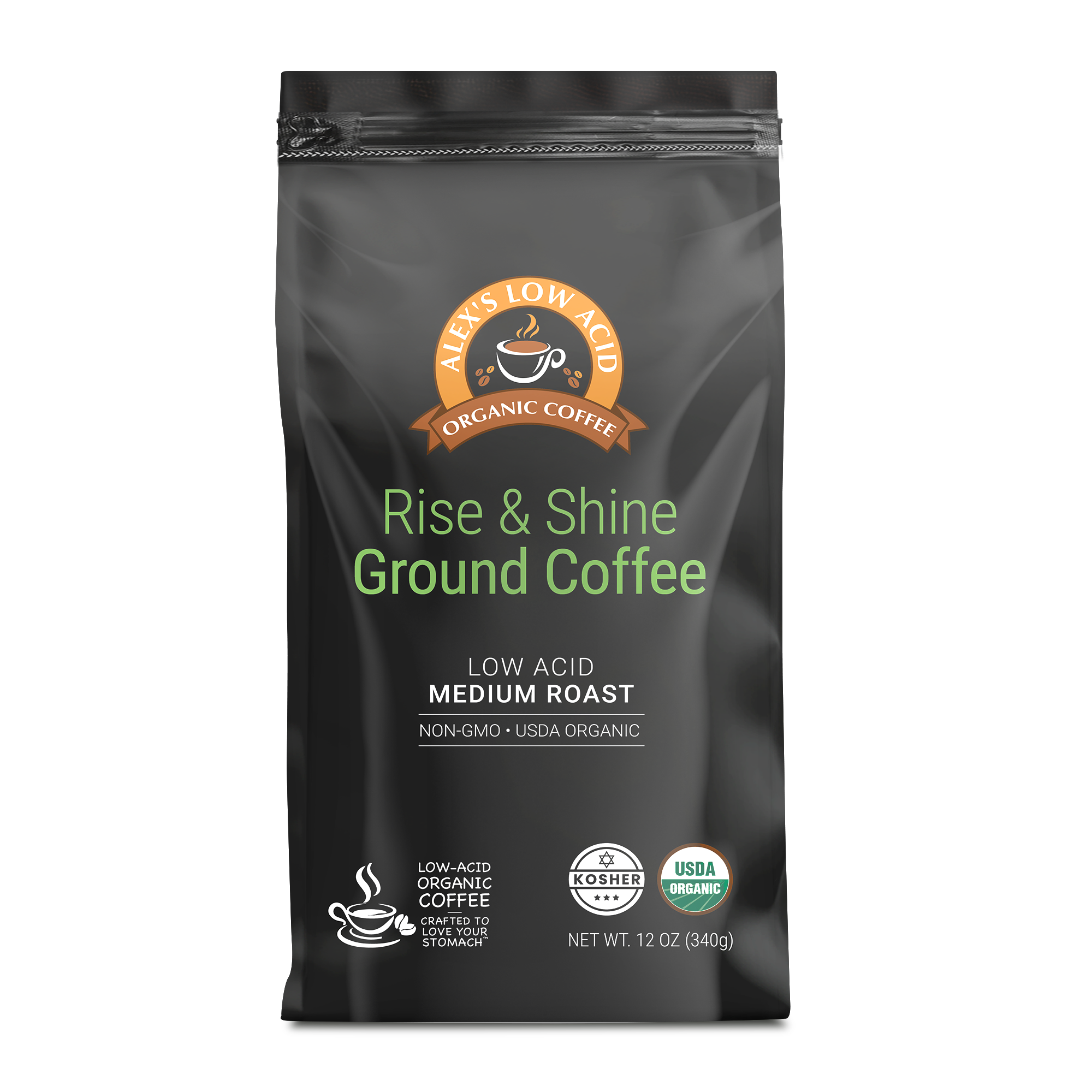 Alex's Low-Acid Organic Coffee™ - Rise and Shine Fresh Ground (12oz)
