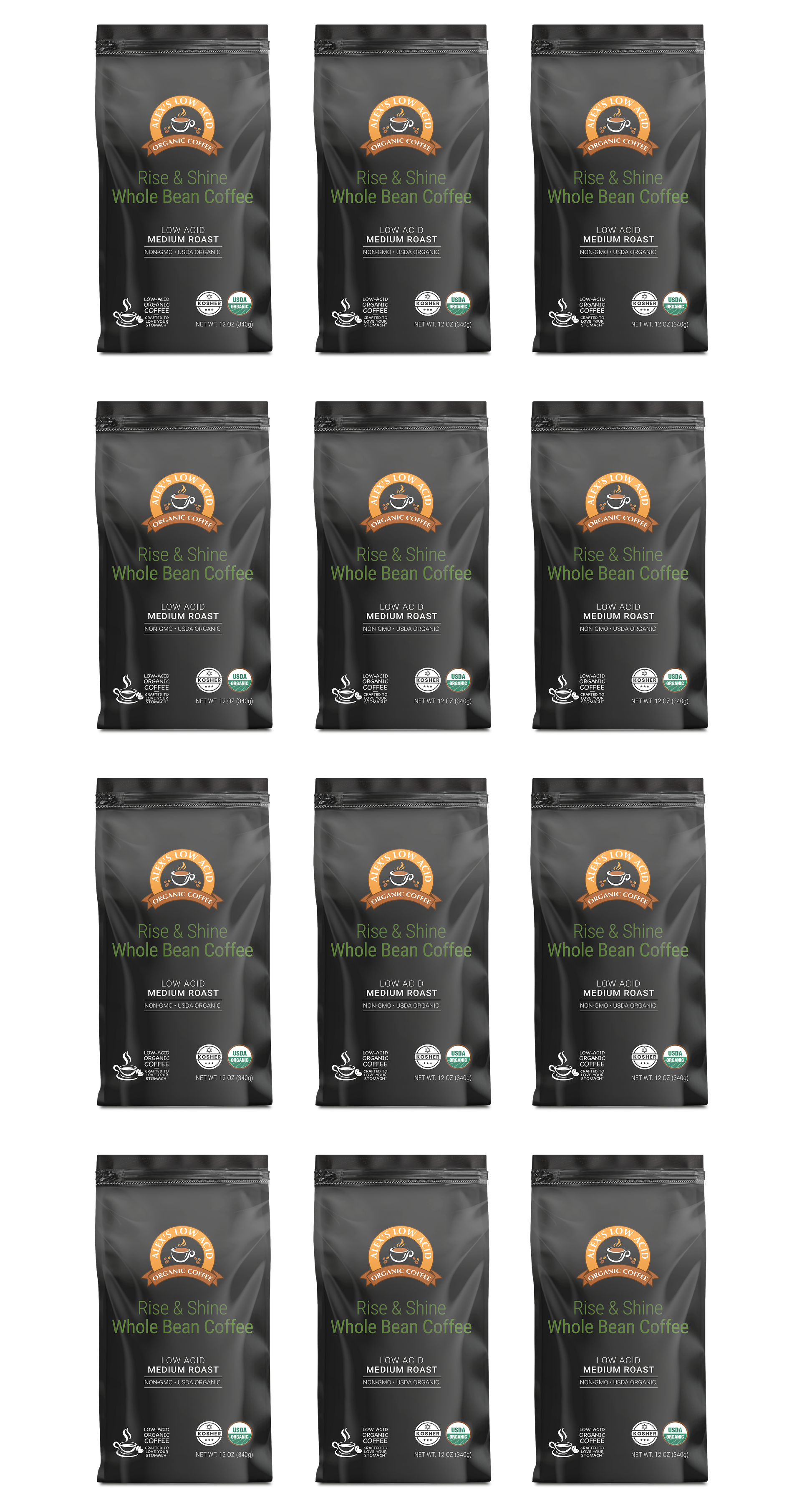 Twelve identical bags of Alex's Low-Acid Organic Coffee™ - Rise and Shine Whole Bean (12oz) by Alex's Low Acid Coffee are arranged in a 4x3 grid on a light background, each black bag displaying a brown and white label with certification icons below.