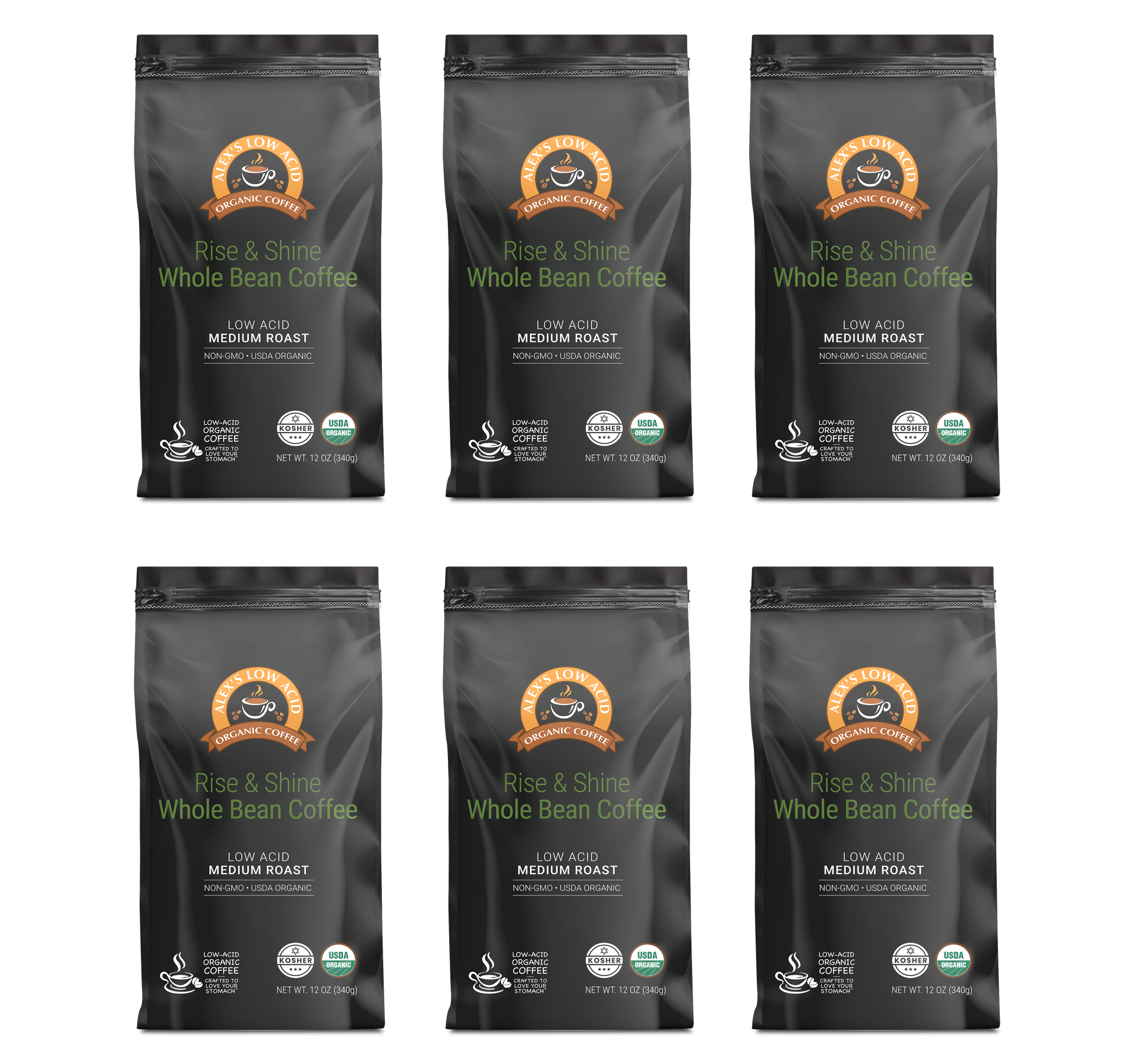 Six bags of Alex’s Low-Acid Organic Coffee™ - Rise and Shine Whole Bean (12oz) by Alex's Low Acid Coffee, with orange and green labels, are arranged in two rows on a white background.