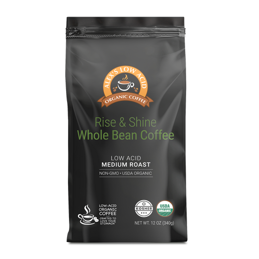 A 12oz bag of Alex's Low-Acid Organic Coffee™ - Rise and Shine Whole Bean by Alex's Low Acid Coffee; this medium roast is low-acid, USDA organic, non-GMO, kosher, and comes in whole bean form.