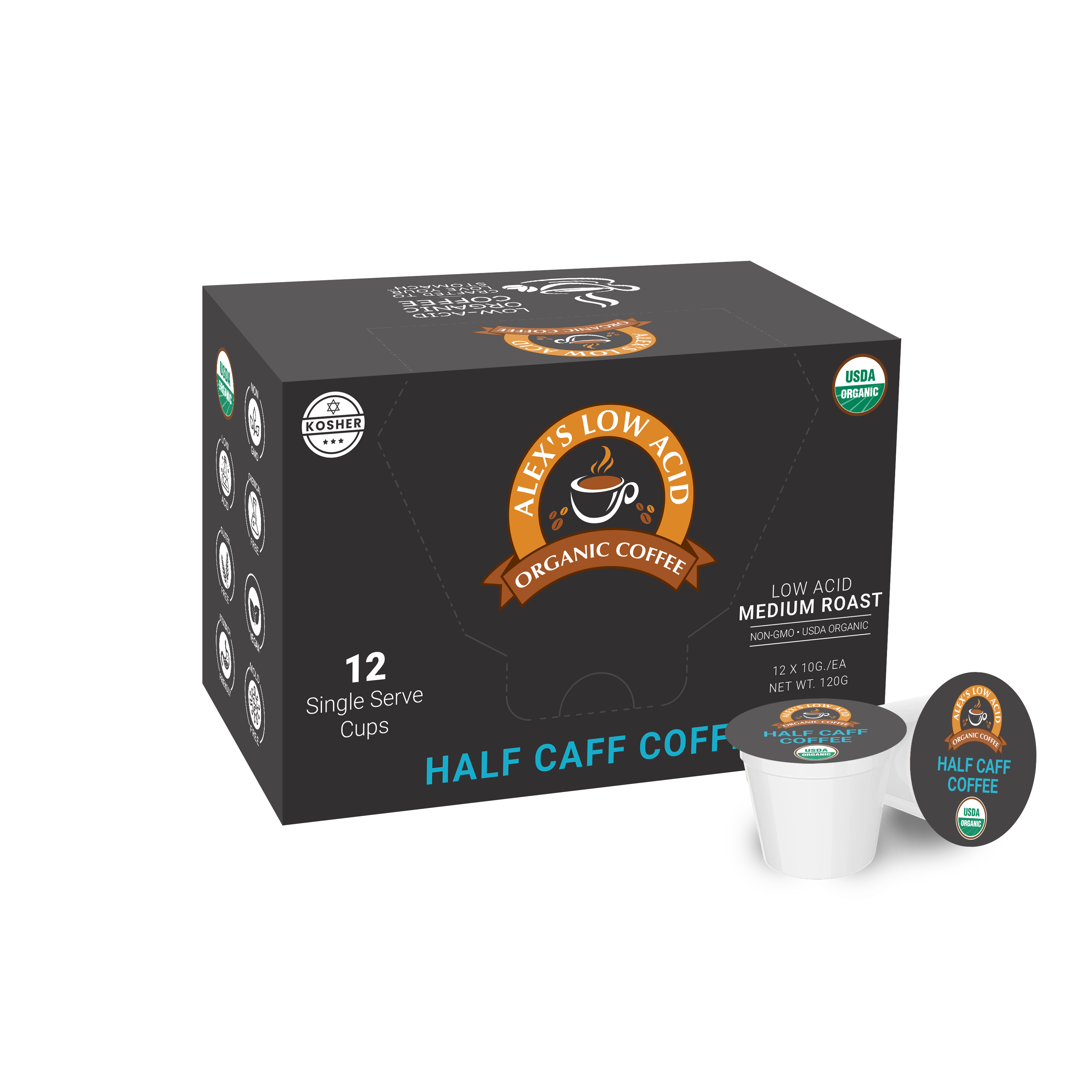Alex's Low-Acid Organic Coffee™ Single Serve Cups - Half Caff Alex's Low-Acid Organic Coffee™ Single Serve Cups - Half Caff