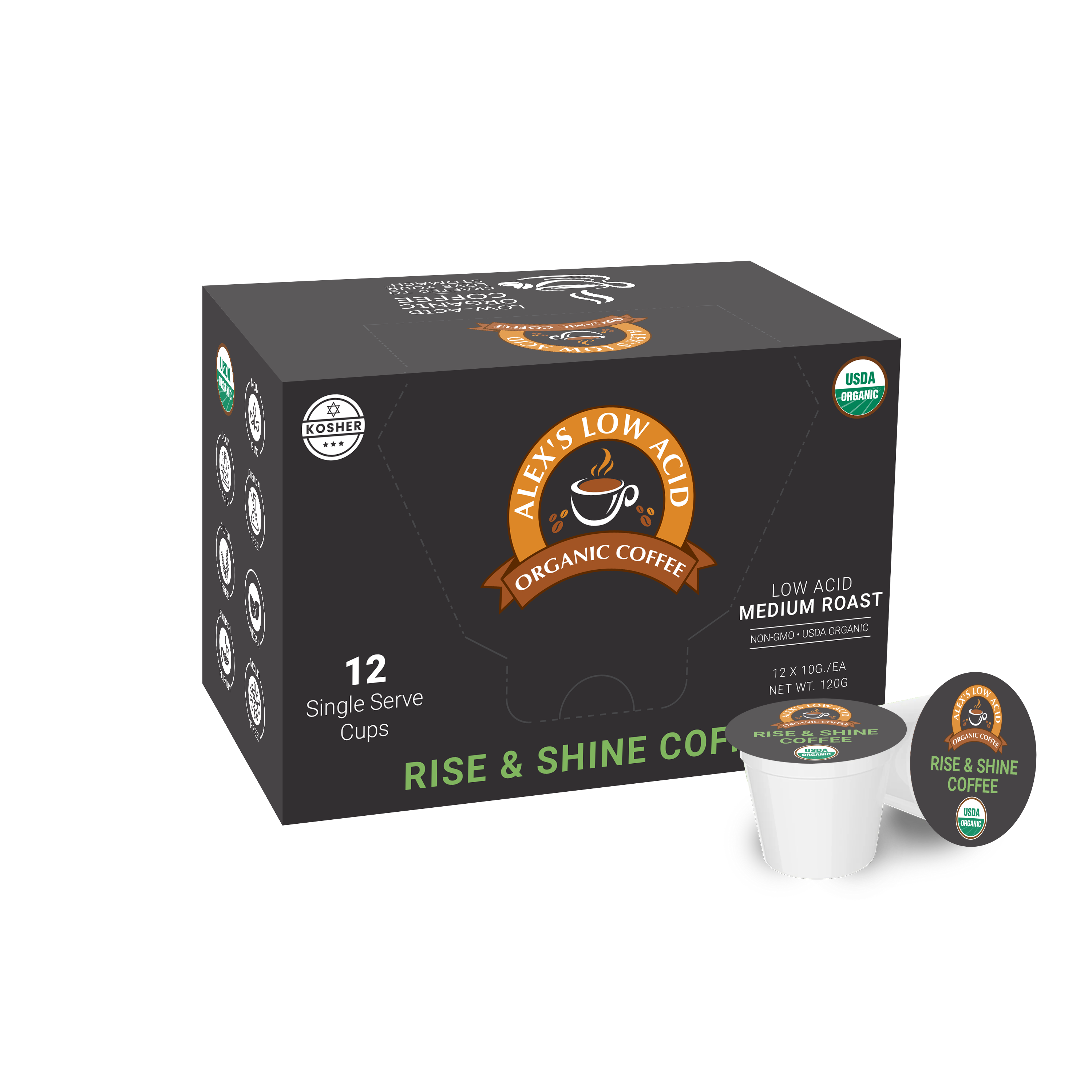 Alex's Low-Acid Organic Coffee Single Serve Cups - Rise & Shine One Box