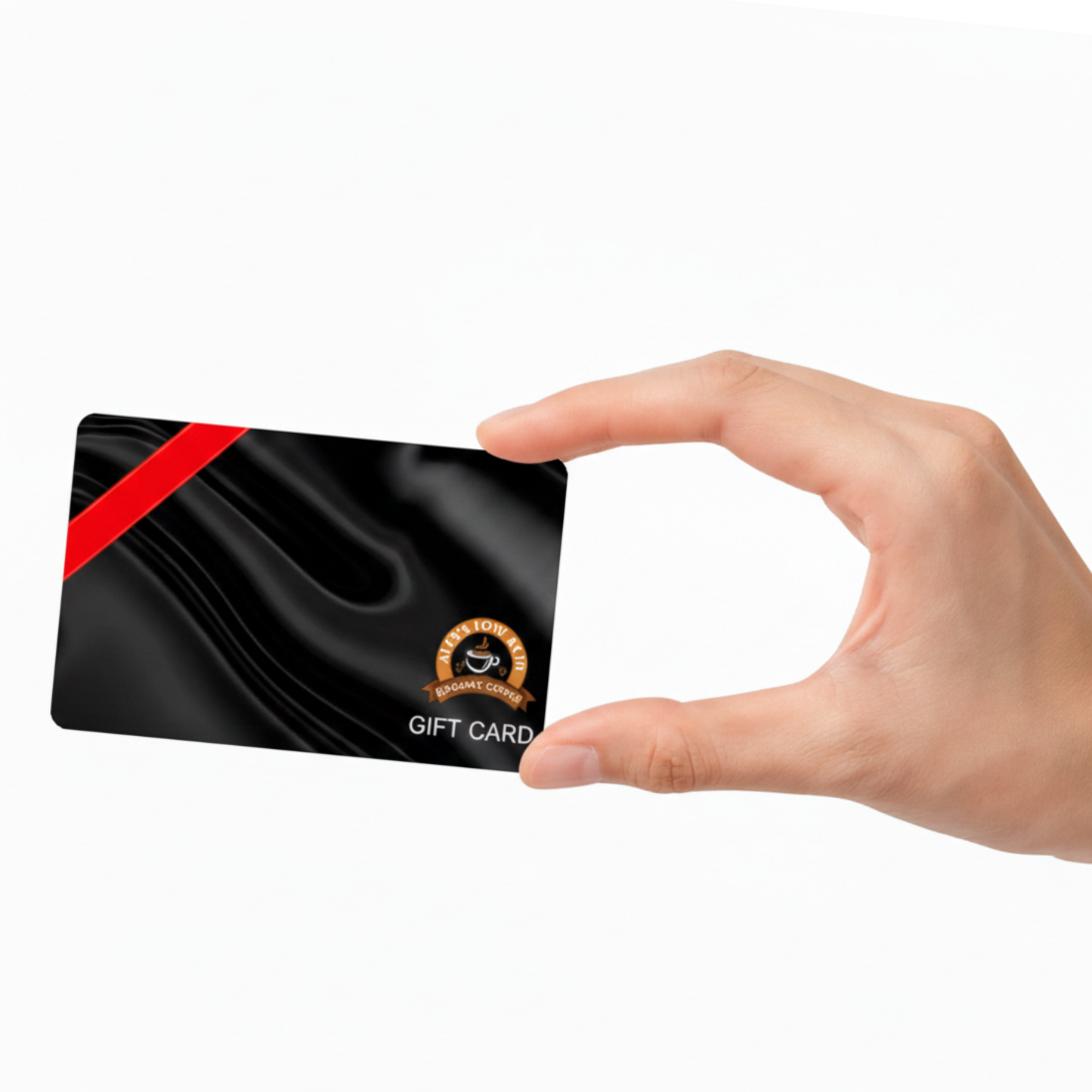 Black gift card with red stripe held by a hand on a white background