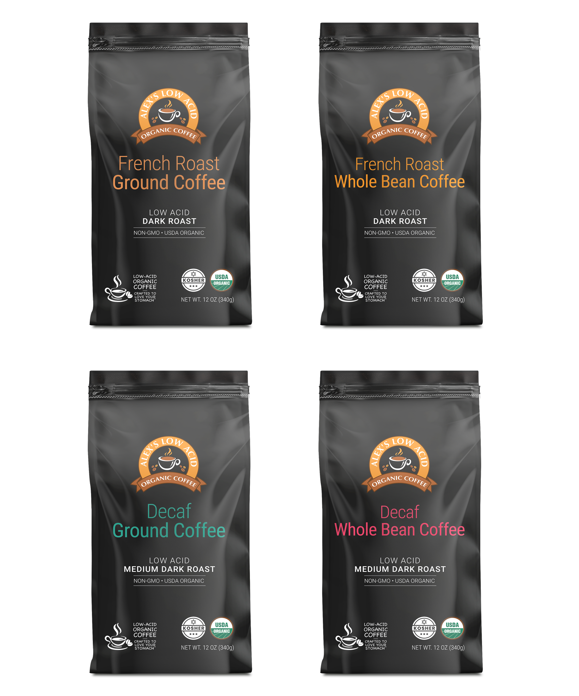 Alex's Low Acid Coffee™ 4-Bag Variety Pack (12oz) features four black bags—French Roast Ground, French Roast Whole Bean, Decaf Ground, and Organic Decaf Whole Bean—each with unique brown or teal-accented labels.